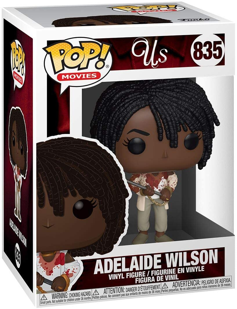 Funko Pop Vinylfigur von Adelaide Wilson aus dem Film Us, mit blutiger Kleidung und Schere.