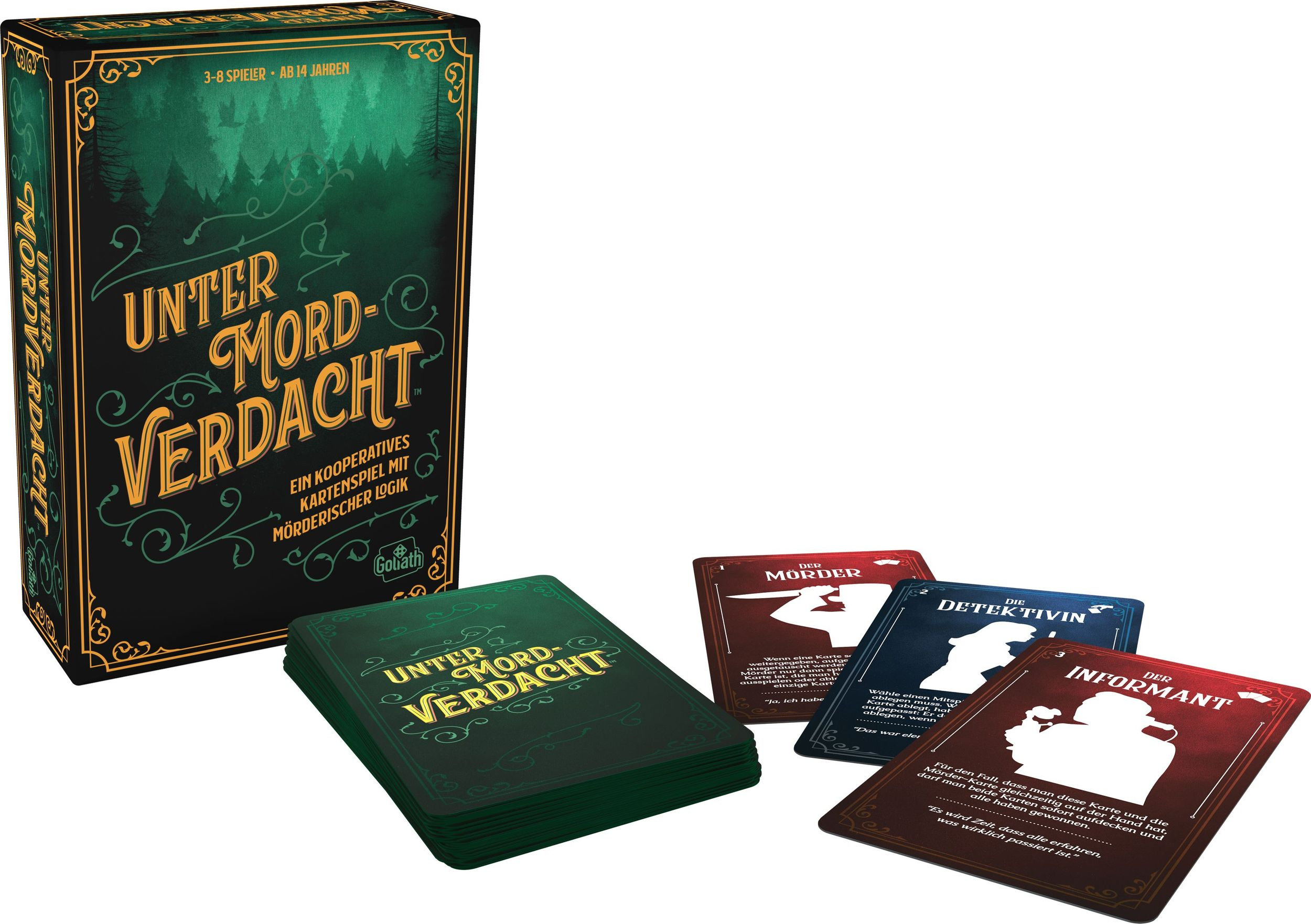 Unter Mörderverdacht Kartenspielbox, ein grüner Kartenstapel und drei Charakterkarten.