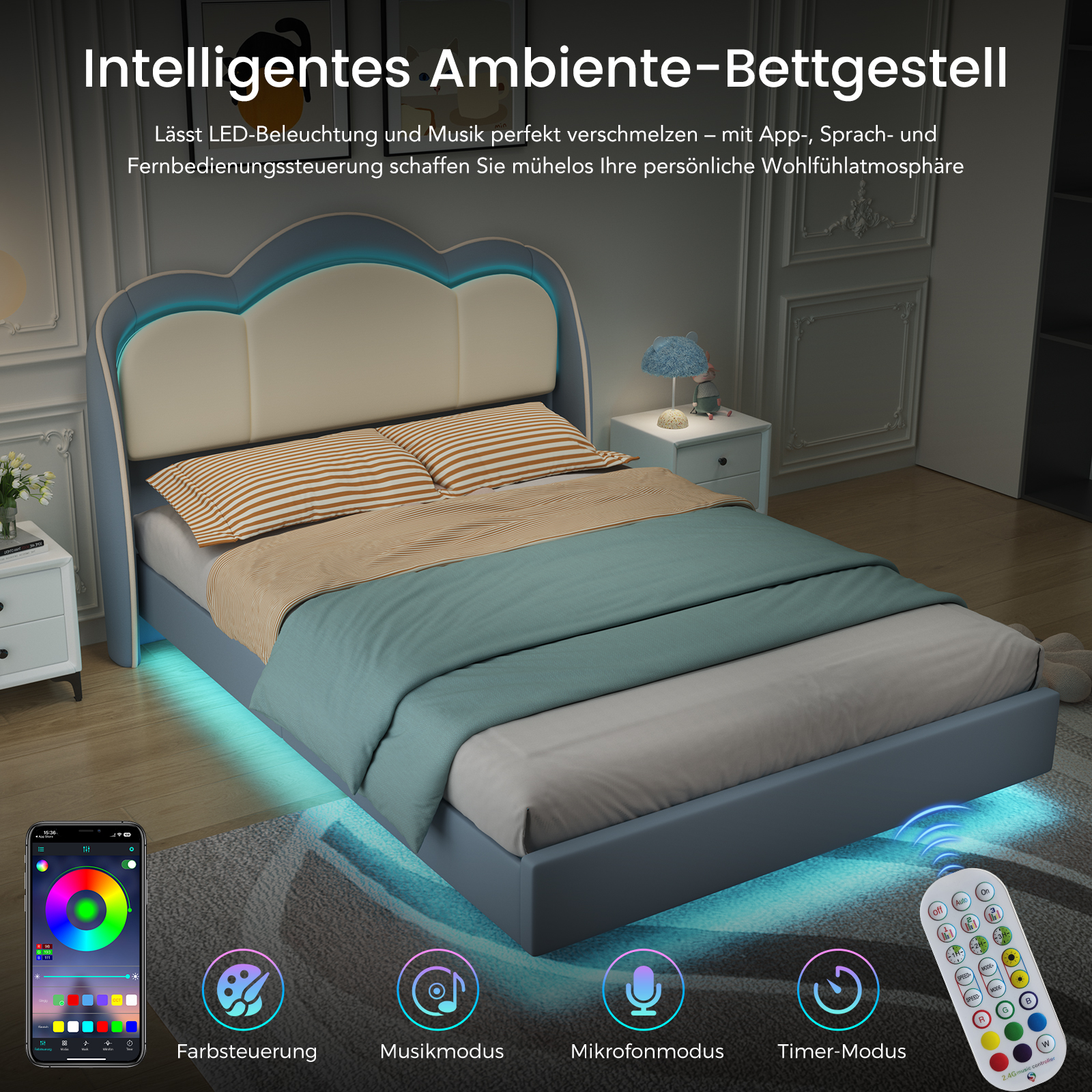 Ein modernes blaues Polsterbett mit LED-Beleuchtung, Kissen, Nachttischen sowie Smartphone- und Fernbedienung.