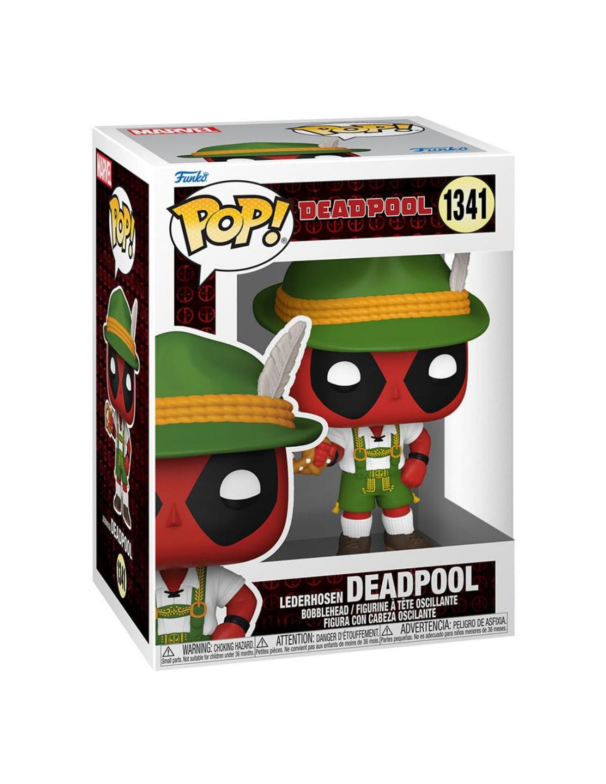 Funko Pop Deadpool Figur in traditionellen bayerischen Lederhosen und grünem Hut mit Feder inside box.