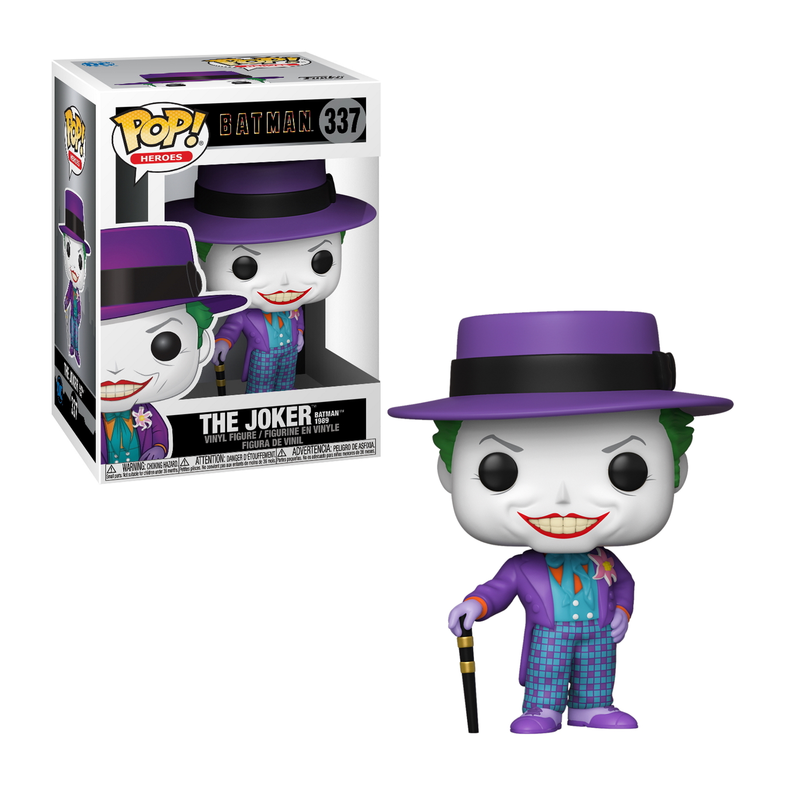 Figura in vinile Funko Pop di The Joker con cappello viola, abito e bastone, accanto alla scatola.