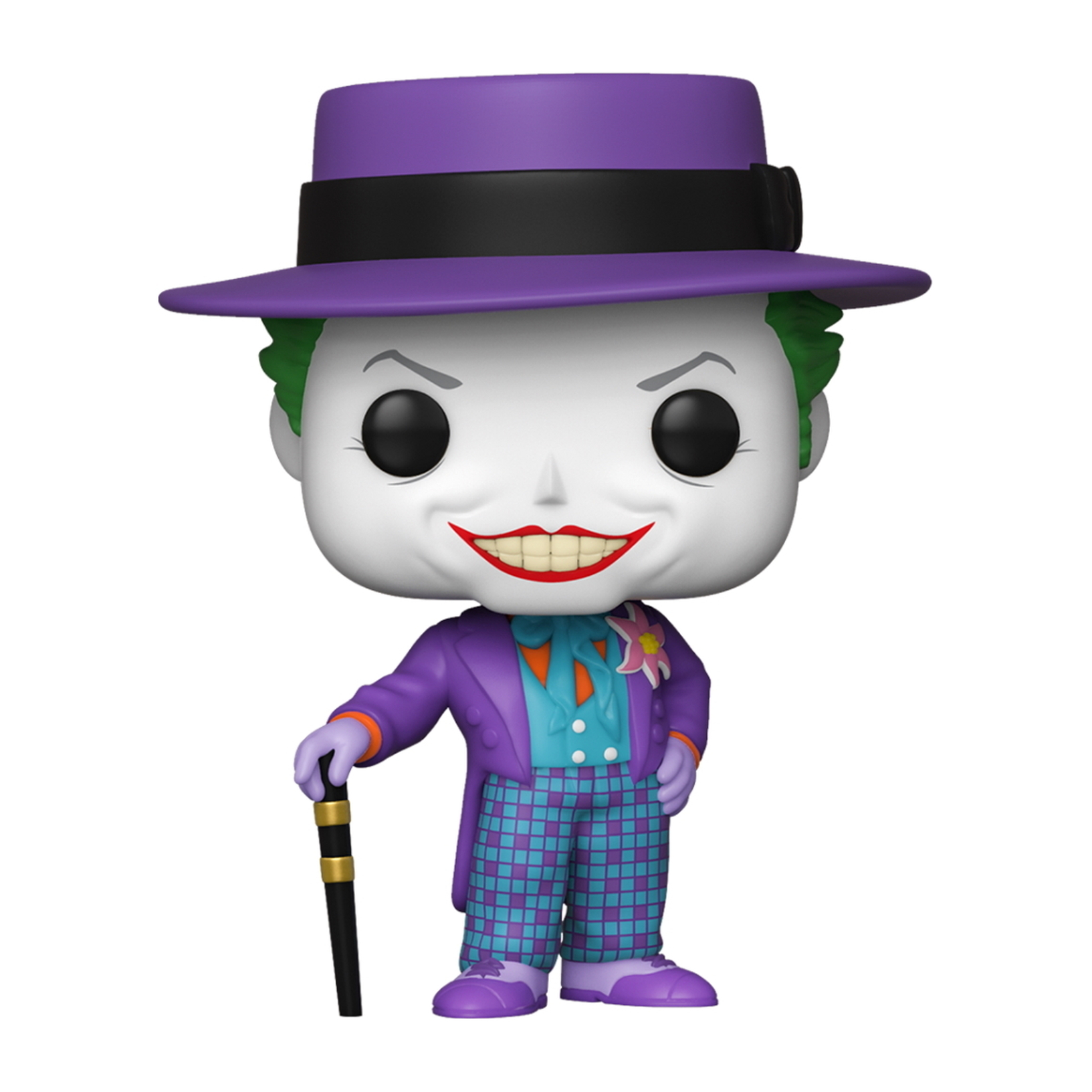 Una action figure Funko Pop del Joker con abito viola, cappello e bastone su sfondo bianco.