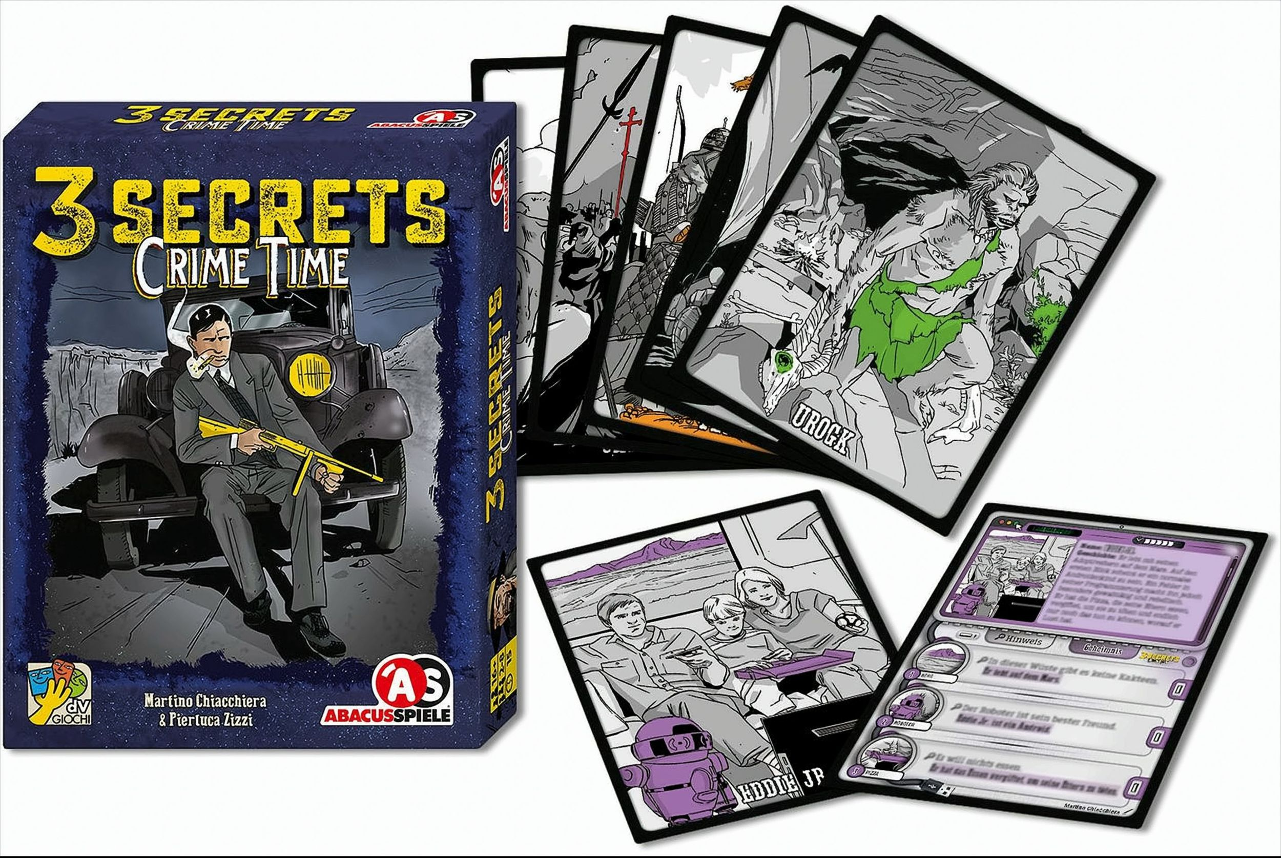 3 Secrets Crime Time Brettspielbox mit spielkarten im Comic-Stil und verschiedenen Kriminalszenen.