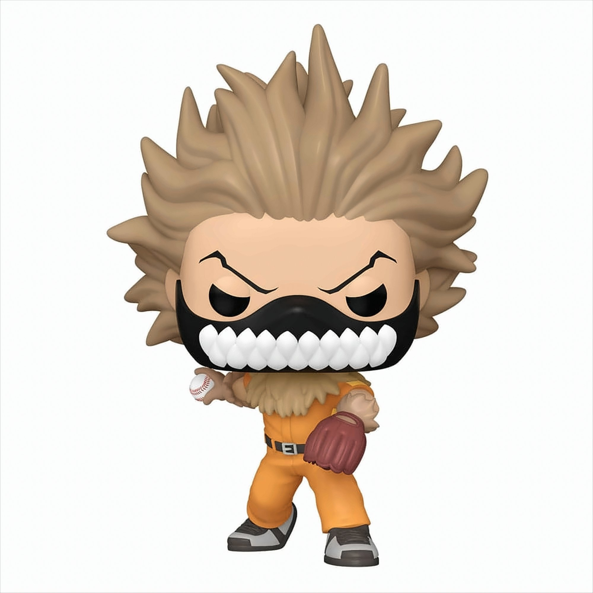 Anime-Figur in orangefarbenem Gefangenenanzug mit Baseball, Maske mit großen Zähnen und stacheligem Haar.