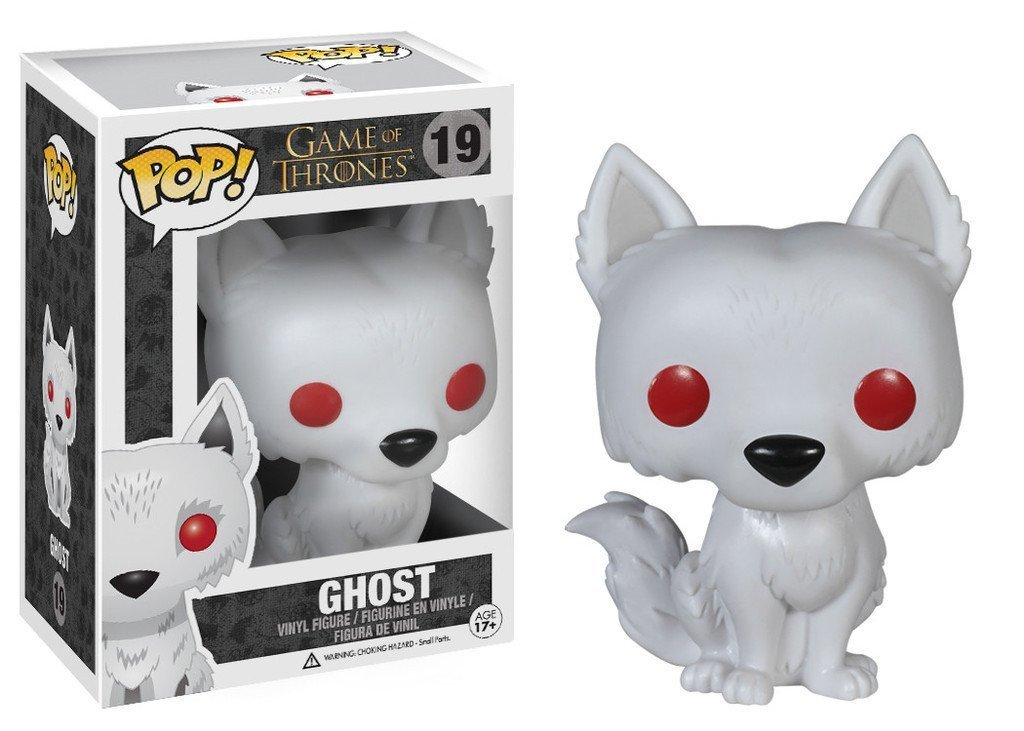 Eine Game of Thrones Ghost Pop! Vinylfigur mit weißem Fell und roten Augen, neben ihrer Markenverpackung.