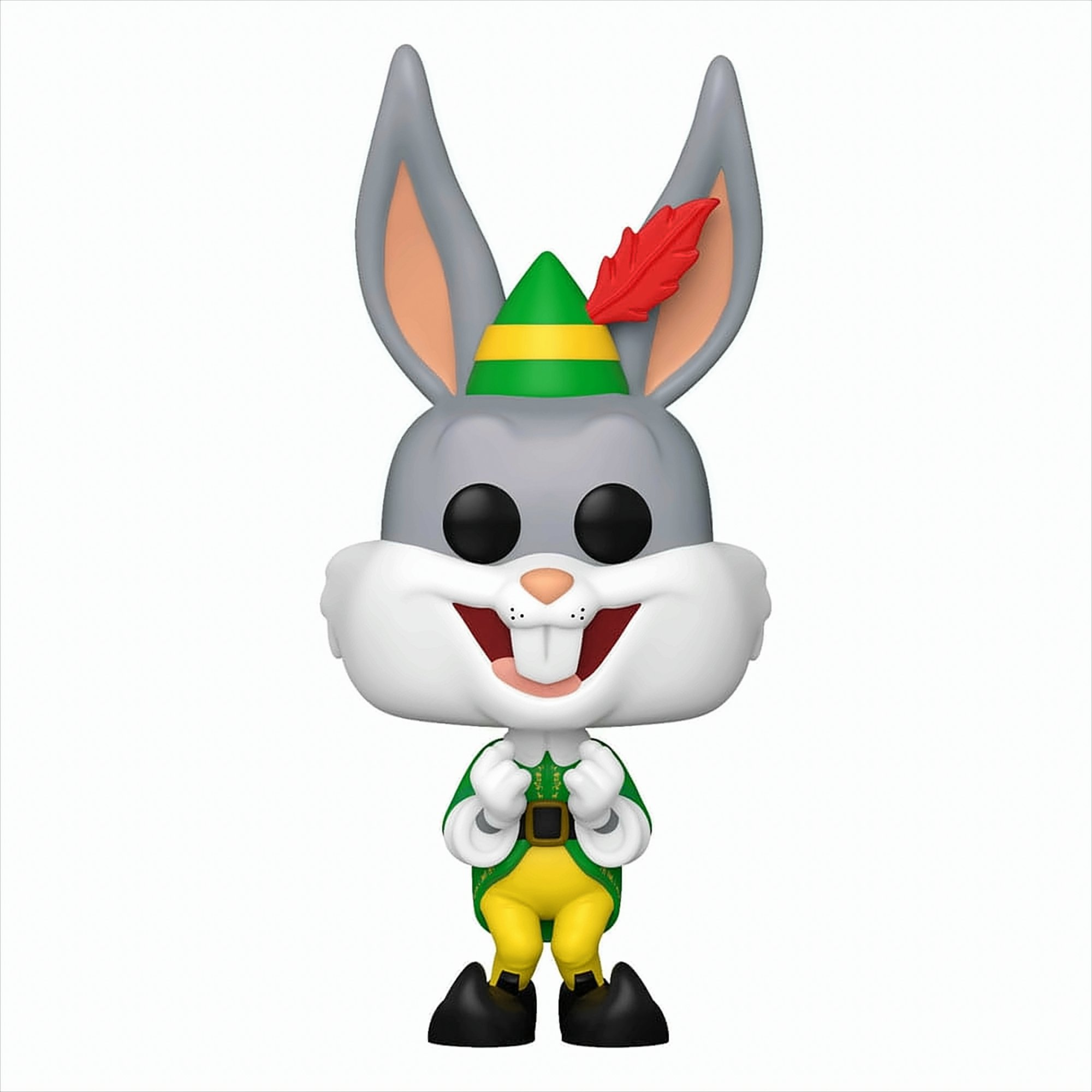 Bugs Bunny als Elfe verkleidet mit grünem Hut, roter Feder und grün-gelbem Outfit auf weißem Hintergrund.