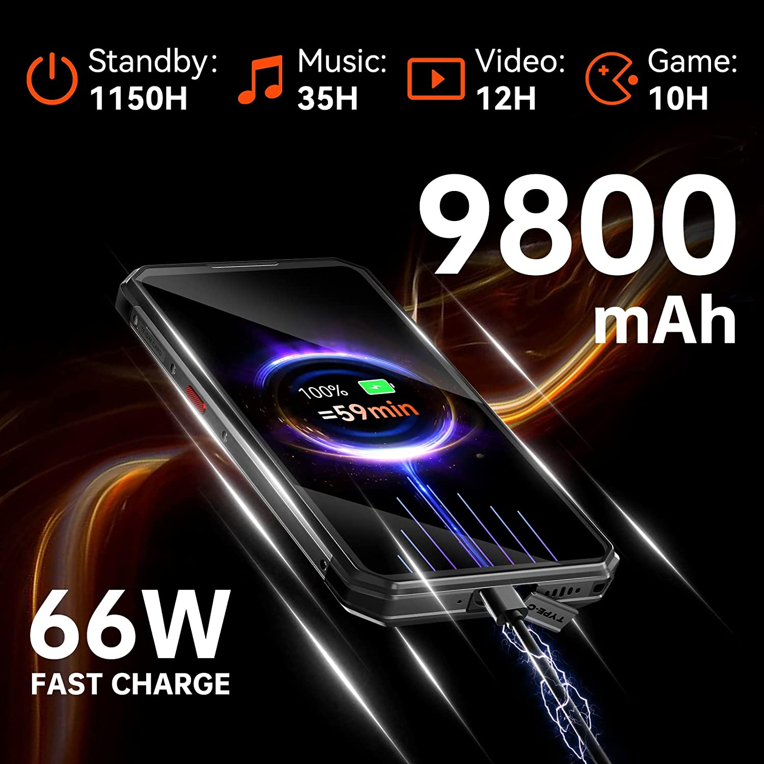 Smartphone mit 9800 mAh Akku, 66W Schnellladung und Angabe von Akkulaufzeiten für verschiedene Funktionen.