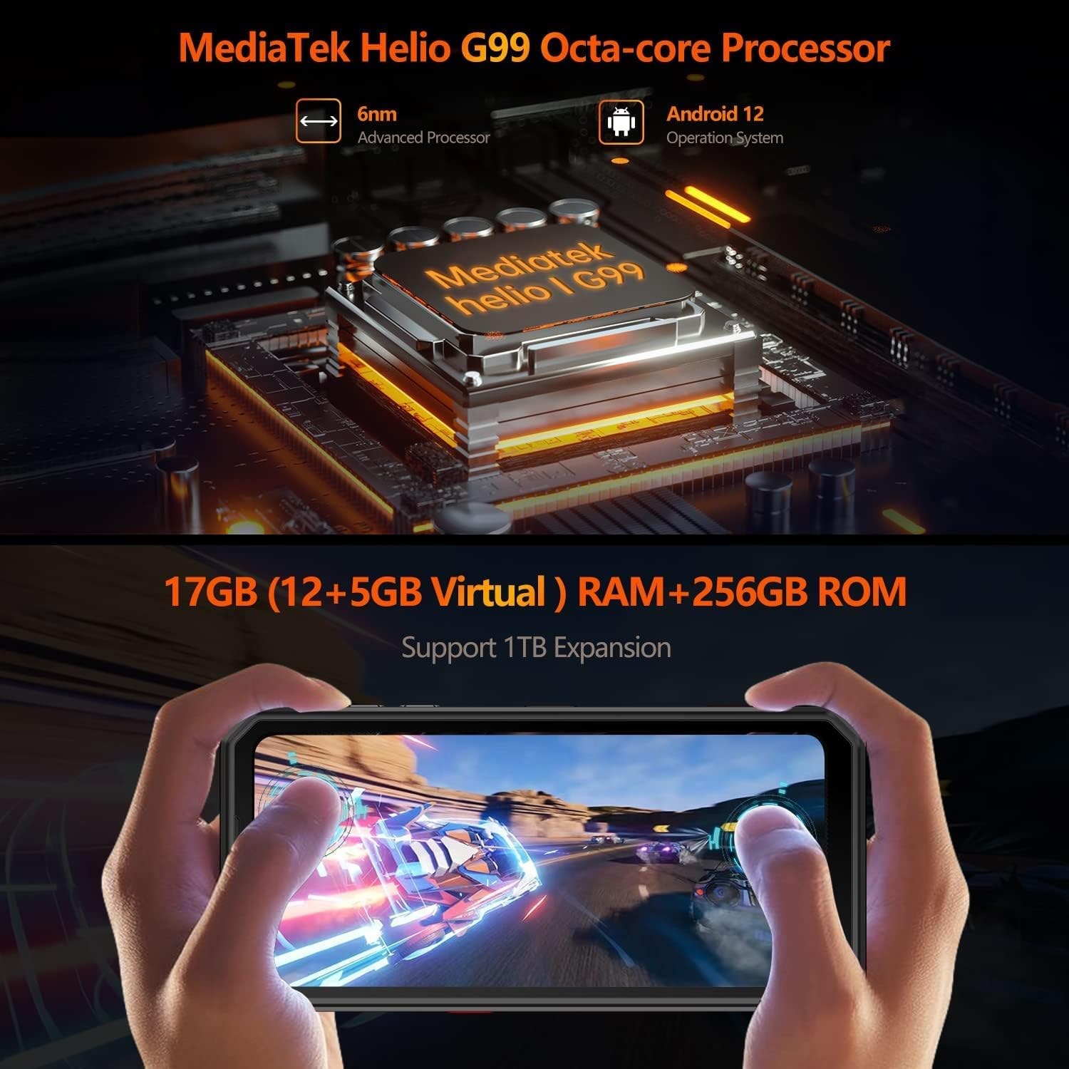 MediaTek Helio G99 Prozessor und Smartphone mit 17GB RAM und Rennspiel.