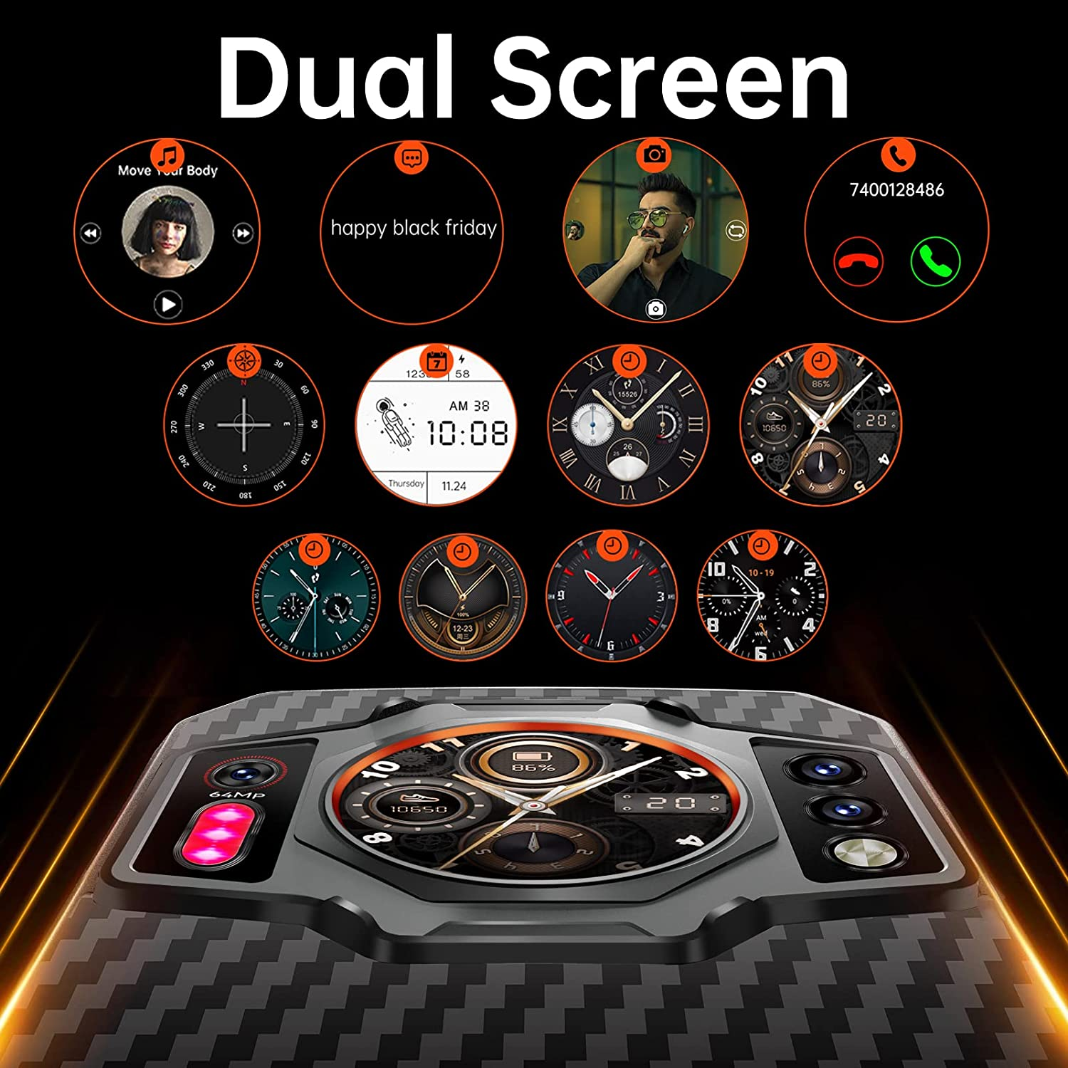 Ein Smartphone mit einem Dualbildschirm zeigt verschiedene Uhr-Designs auf einem schwarzen Hintergrund.