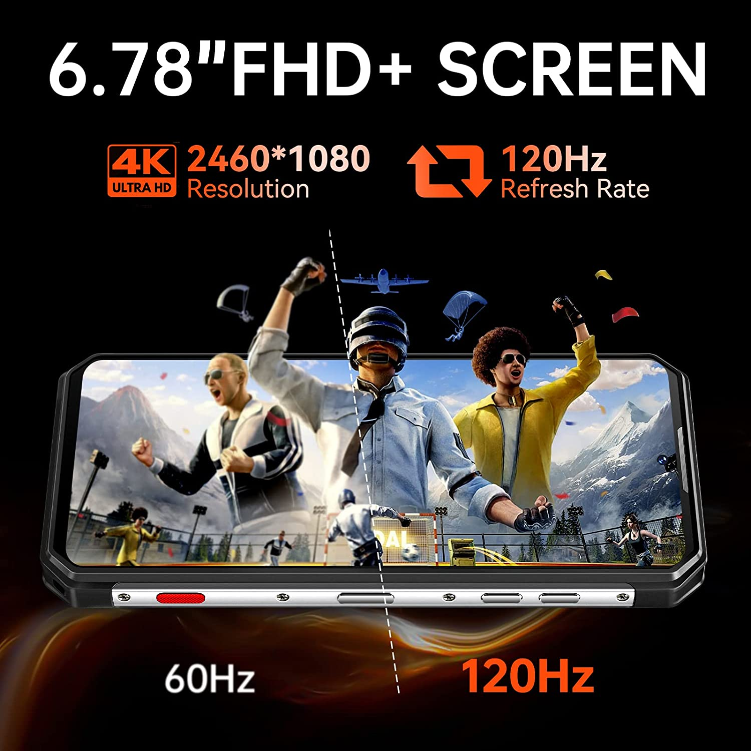 Smartphone mit 6,78" FHD+ Bildschirm, 4K-Auflösung und 120Hz Bildwiederholrate zeigt ein Actionspiel.