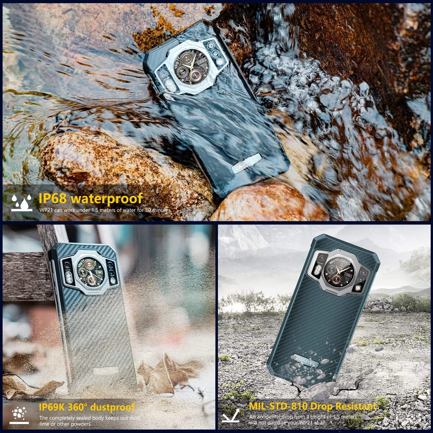 Robustes Smartphone im Wasser, staubiger Umgebung und felsiger Landschaft zur Darstellung seiner Haltbarkeit.