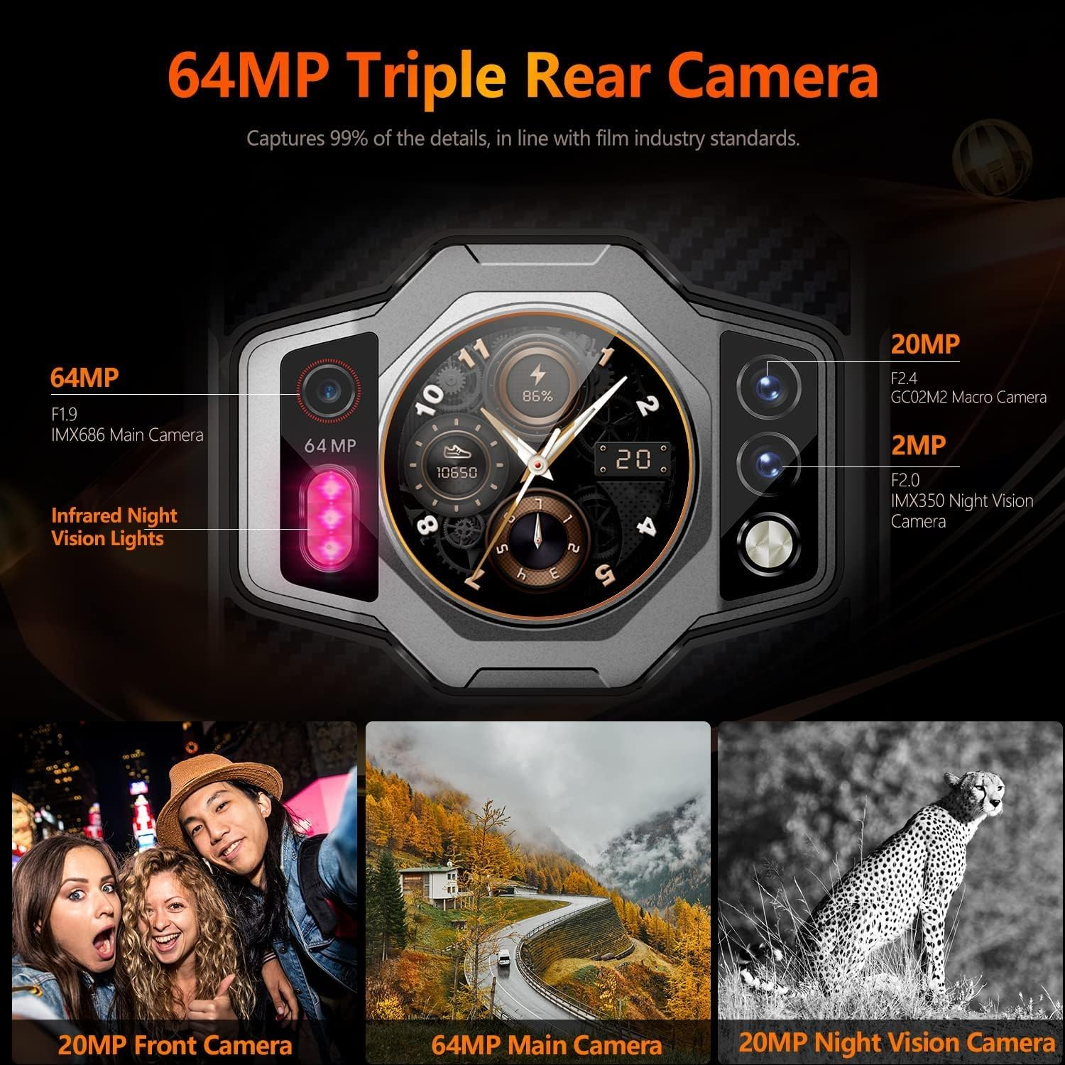 Smartphone-Rückseite mit Triple-Kamera, Zifferblatt-Design, Infrarot-Nachtsicht und Beispielfotos.