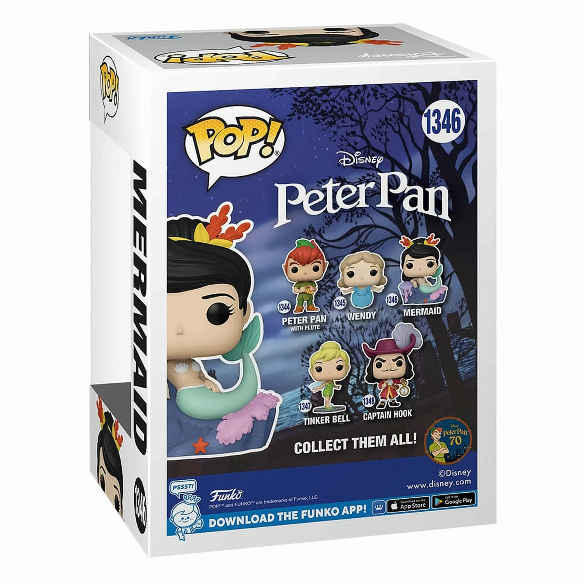 Dos d'une boîte Funko Pop Peter Pan Sirène montrant différentes figurines de la collection.
