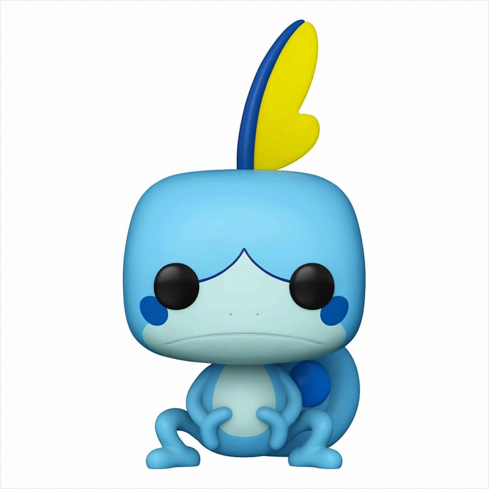 Eine blaue Sobble Funko Pop-Figur mit großen schwarzen Augen und einer gelb-blauen Finne auf dem Kopf.