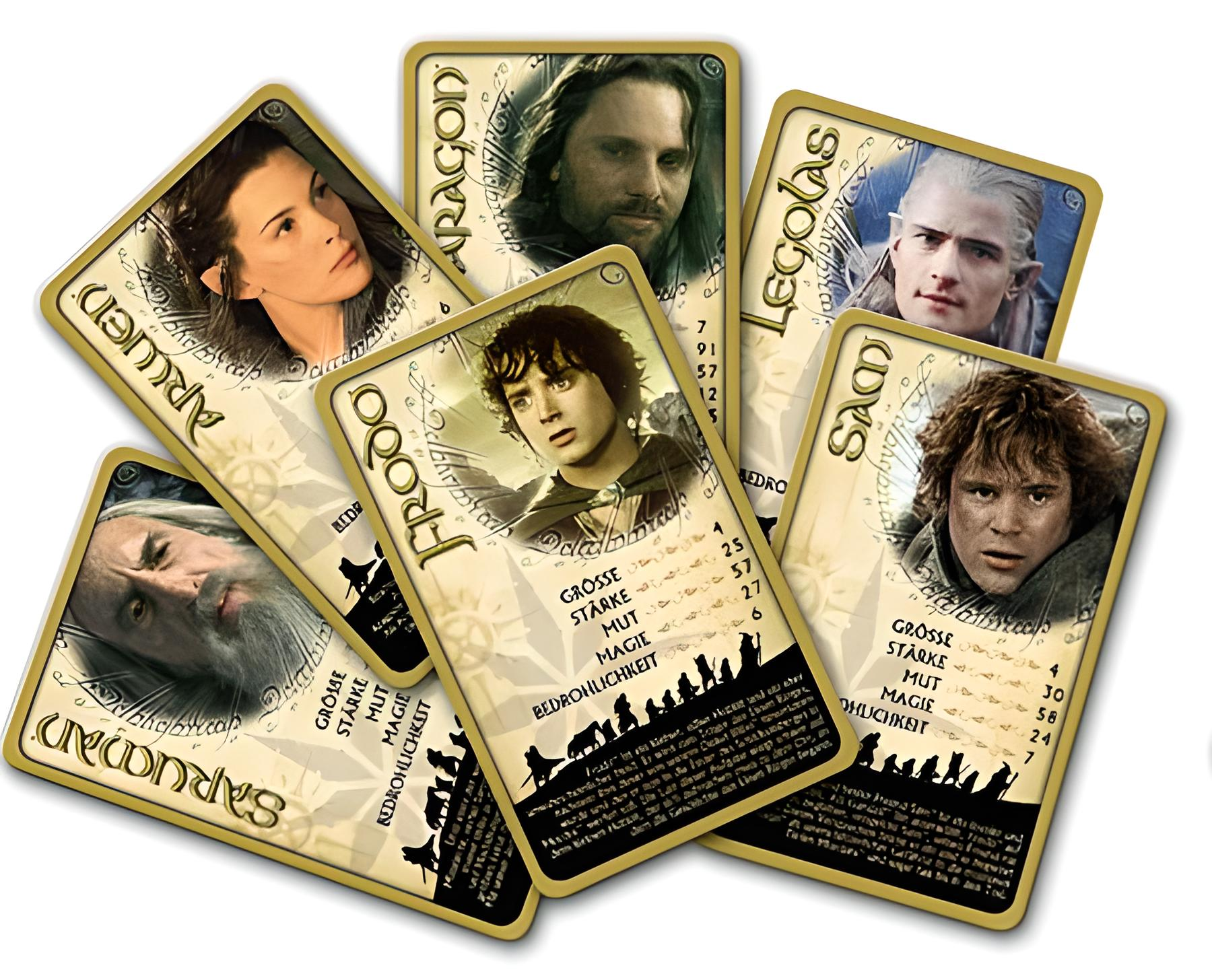 Sechs Herr der Ringe Spielkarten mit Charakteren wie Frodo, Aragorn und Legolas auf weißem Hintergrund.