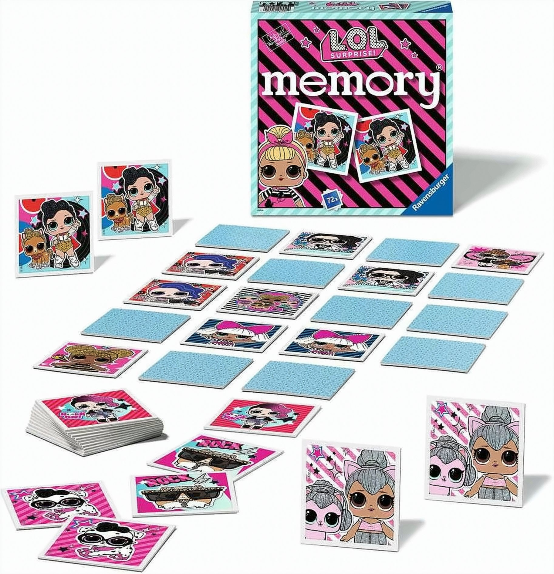 Gioco di memoria L.O.L. Surprise! con carte illustrate e scatola.