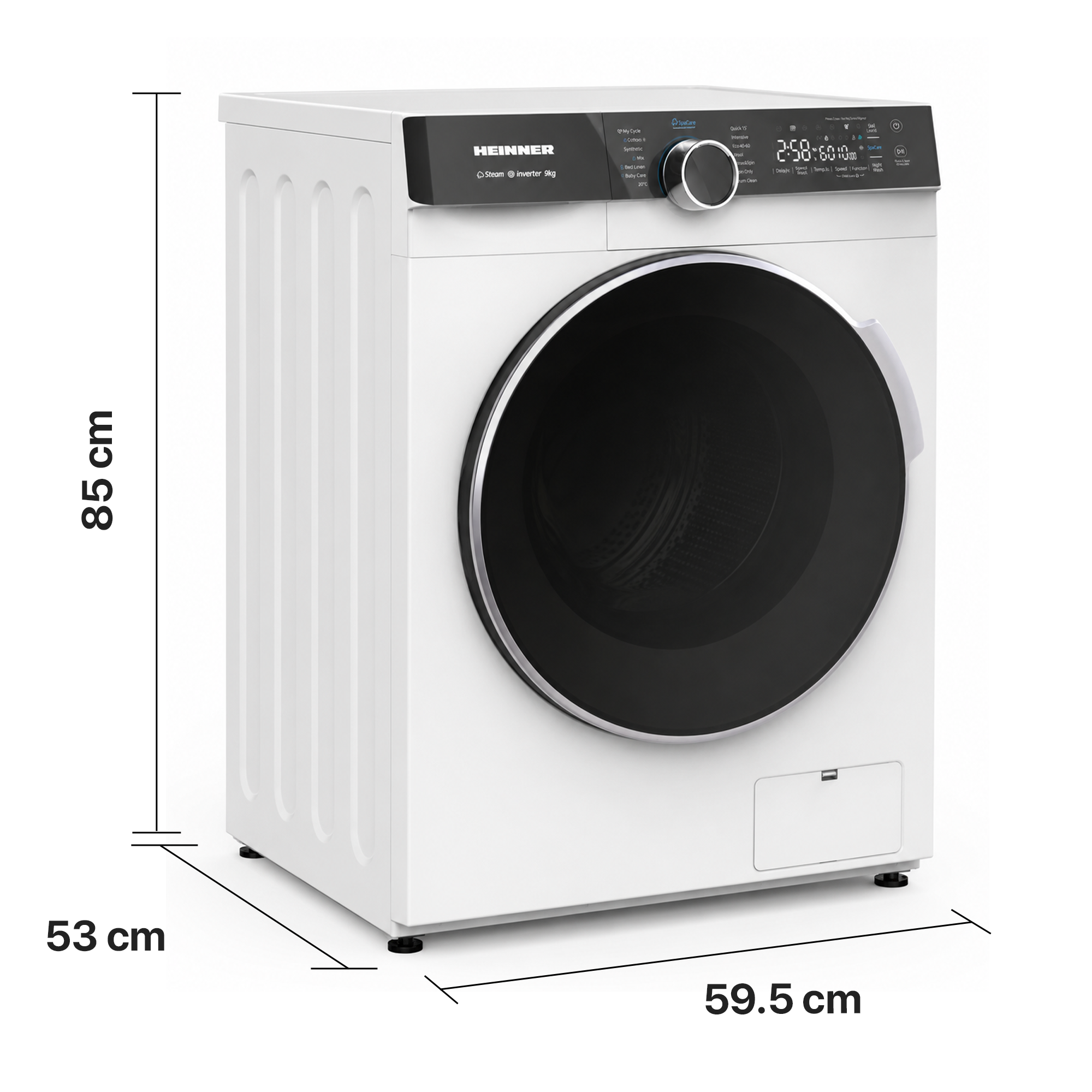 White Heinner washing machine with dimensions 85x59.5x53 cm, black control panel, and round glass door.