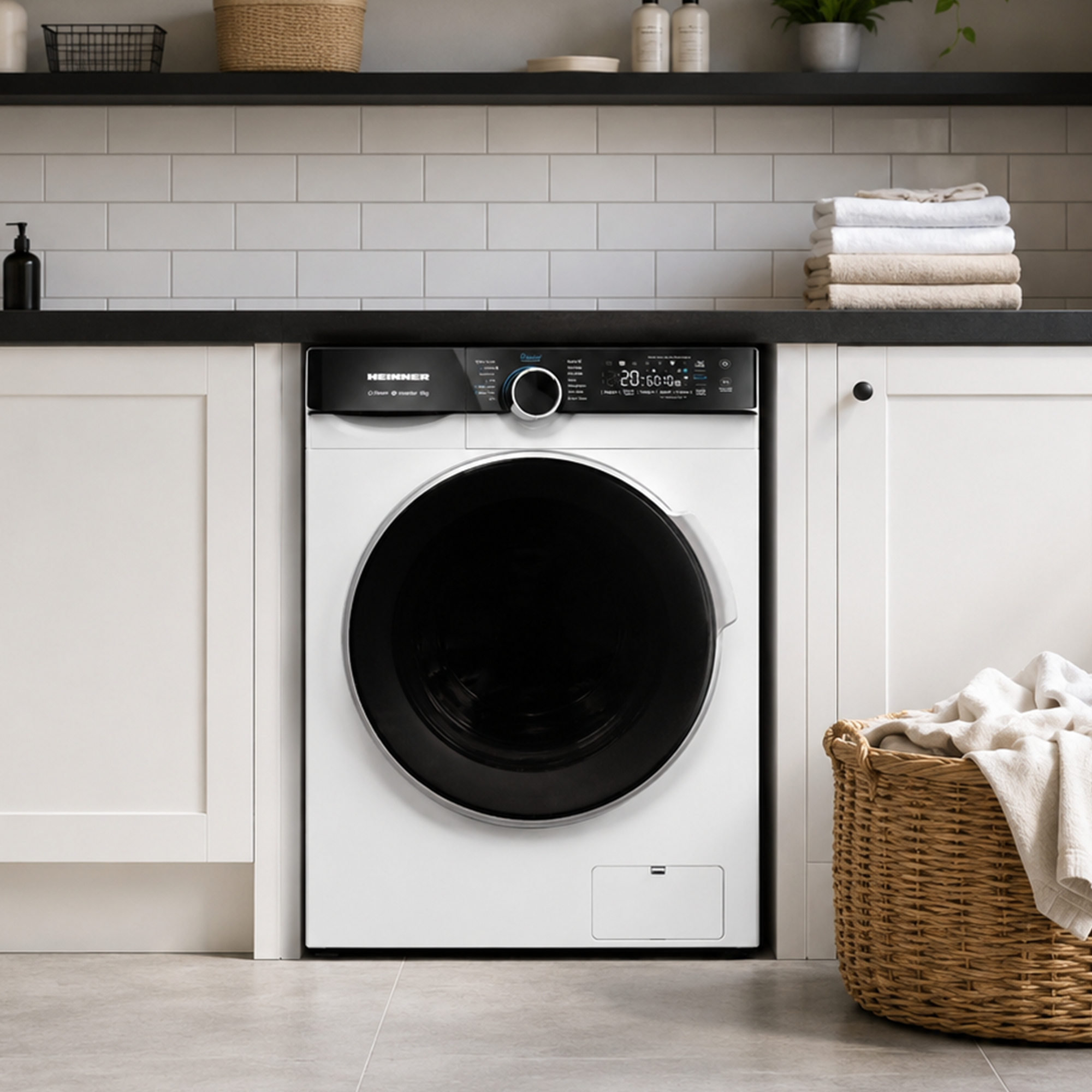 A white washing machine with a black door sits in a modern kitchen with white tiles.