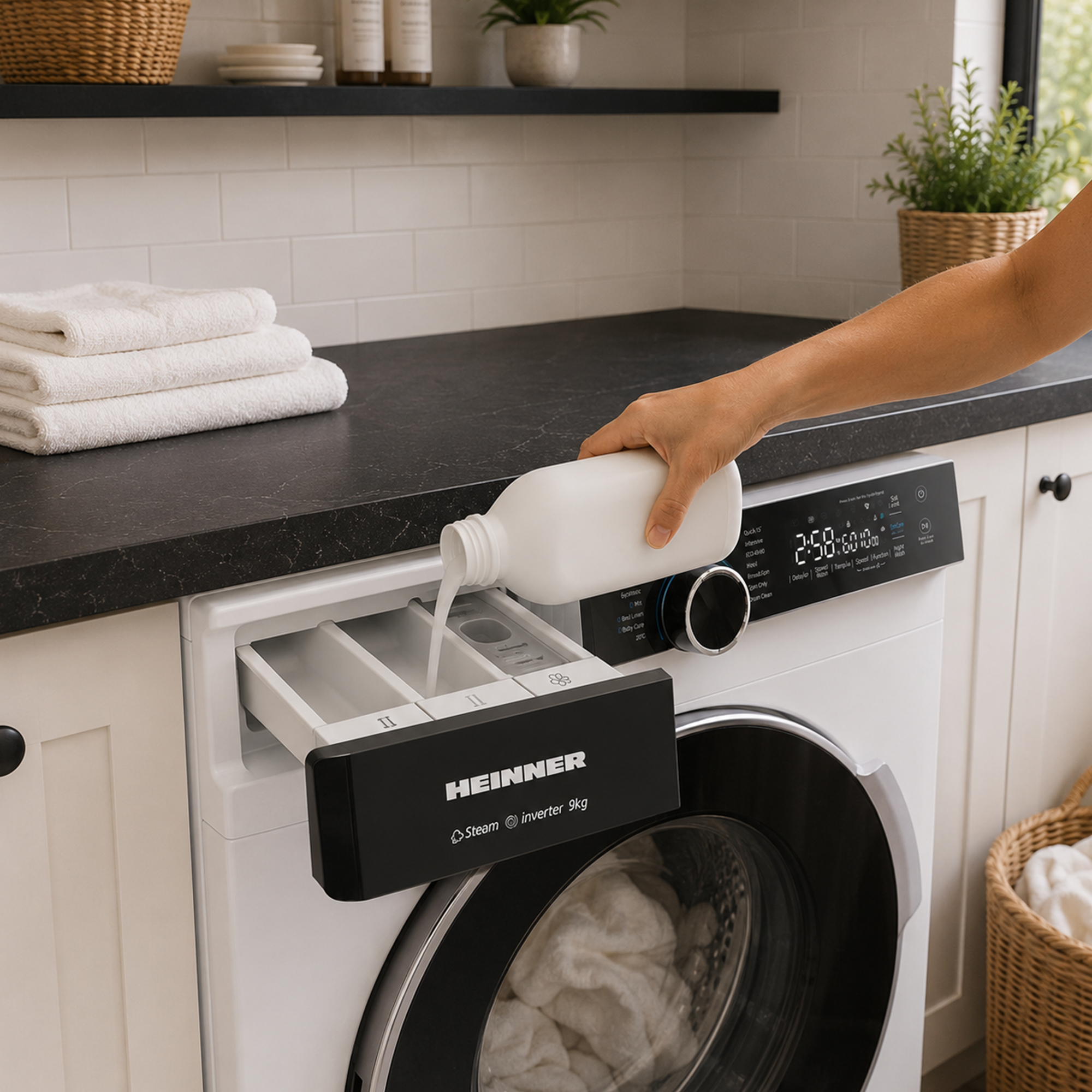 A hand pours liquid into the detergent drawer of a washing machine.