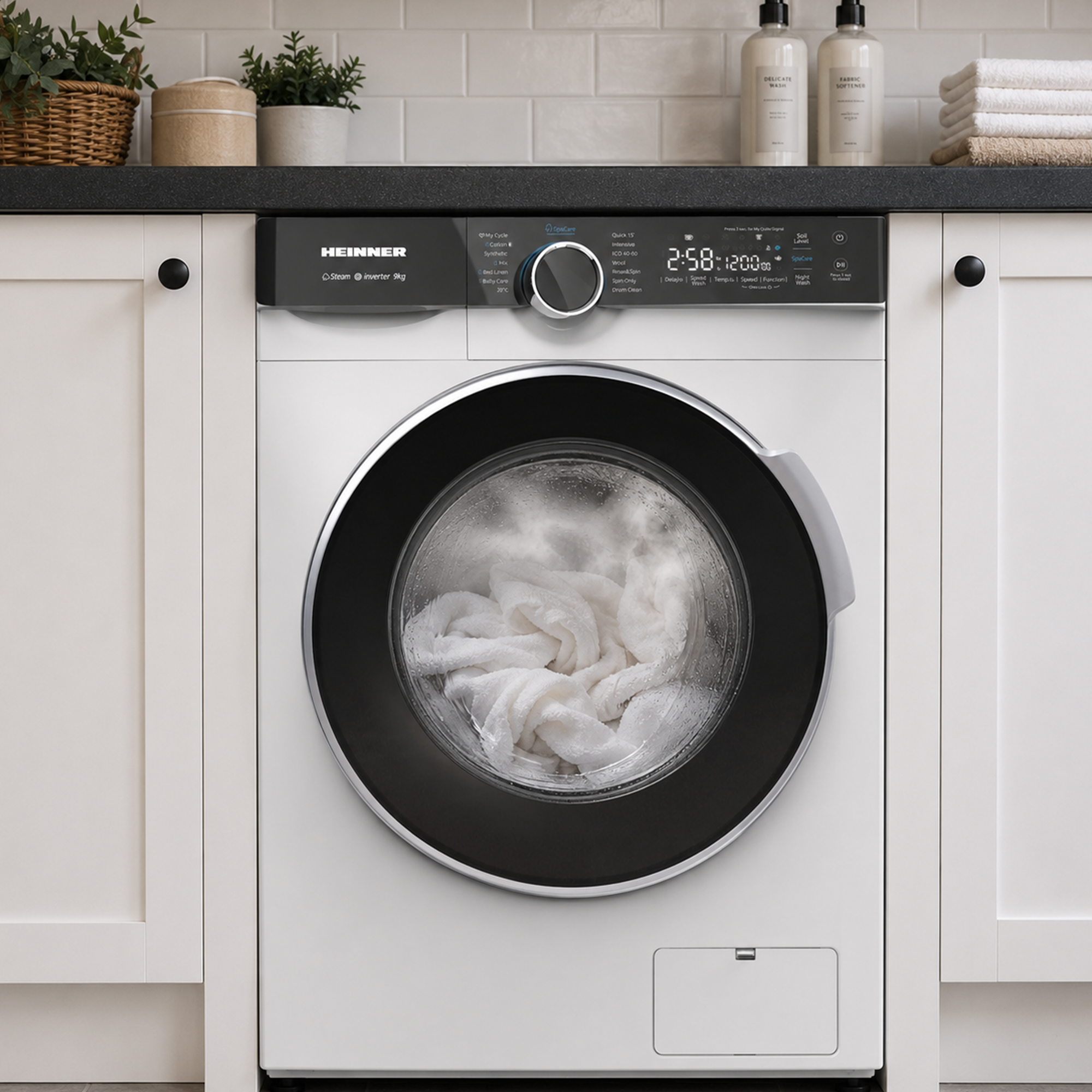 A white Heinner washing machine with white laundry inside the round window, placed in a kitchen.