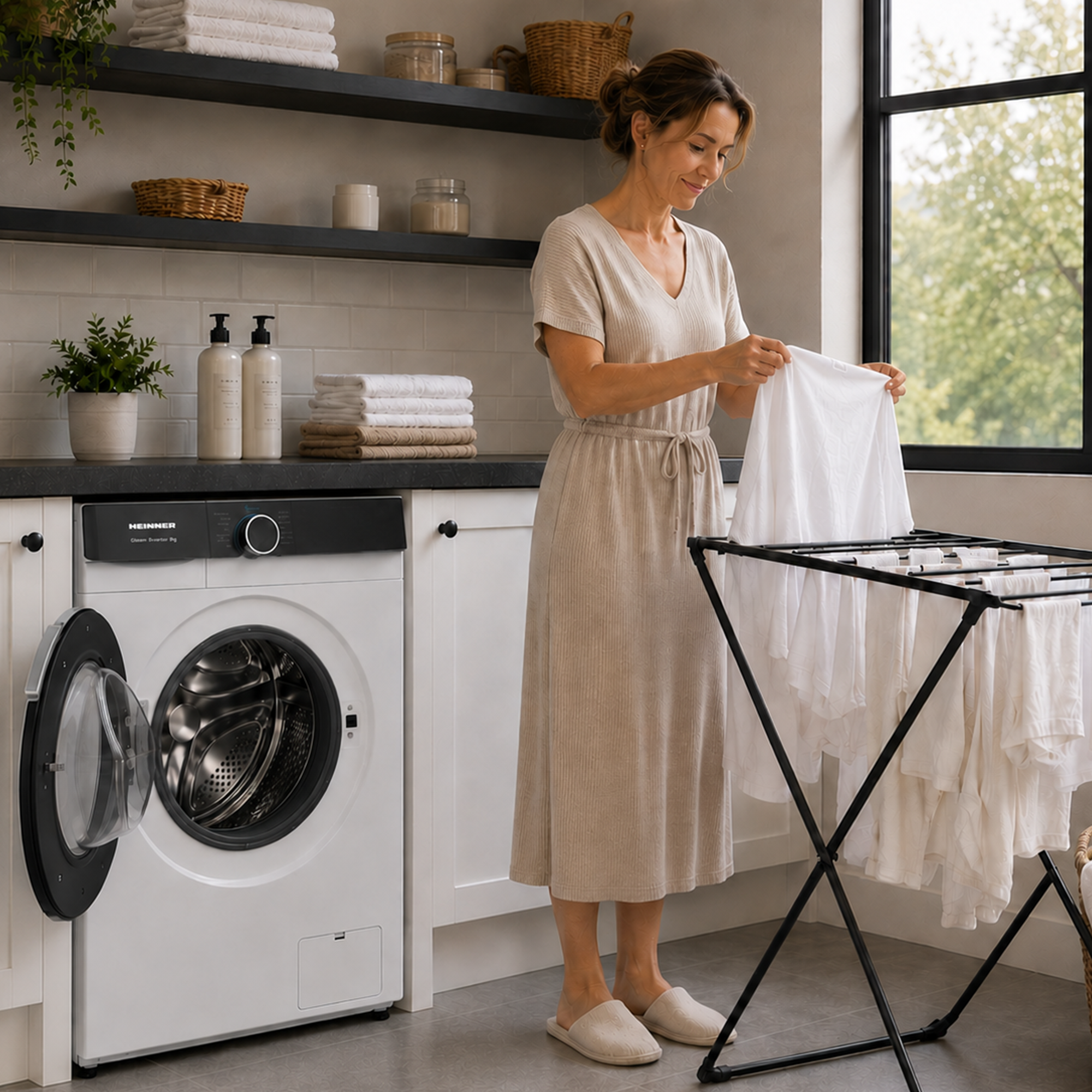 Une femme en robe beige étend du linge blanc sur un séchoir près d'un lave-linge.