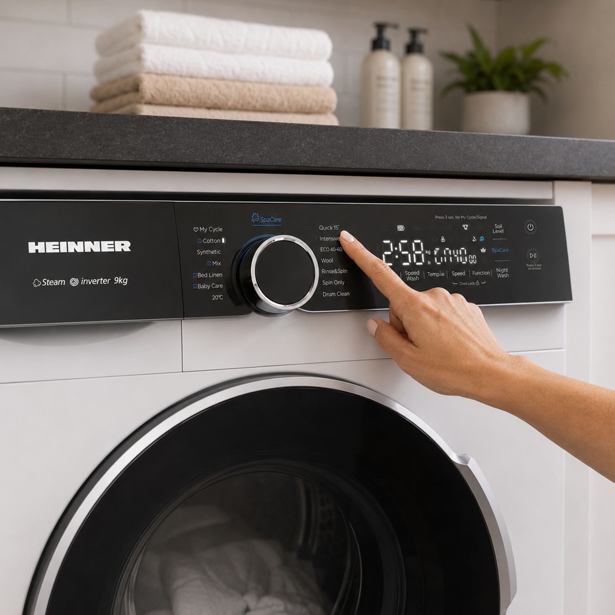 A hand presses the digital display on a modern Heinner washing machine.