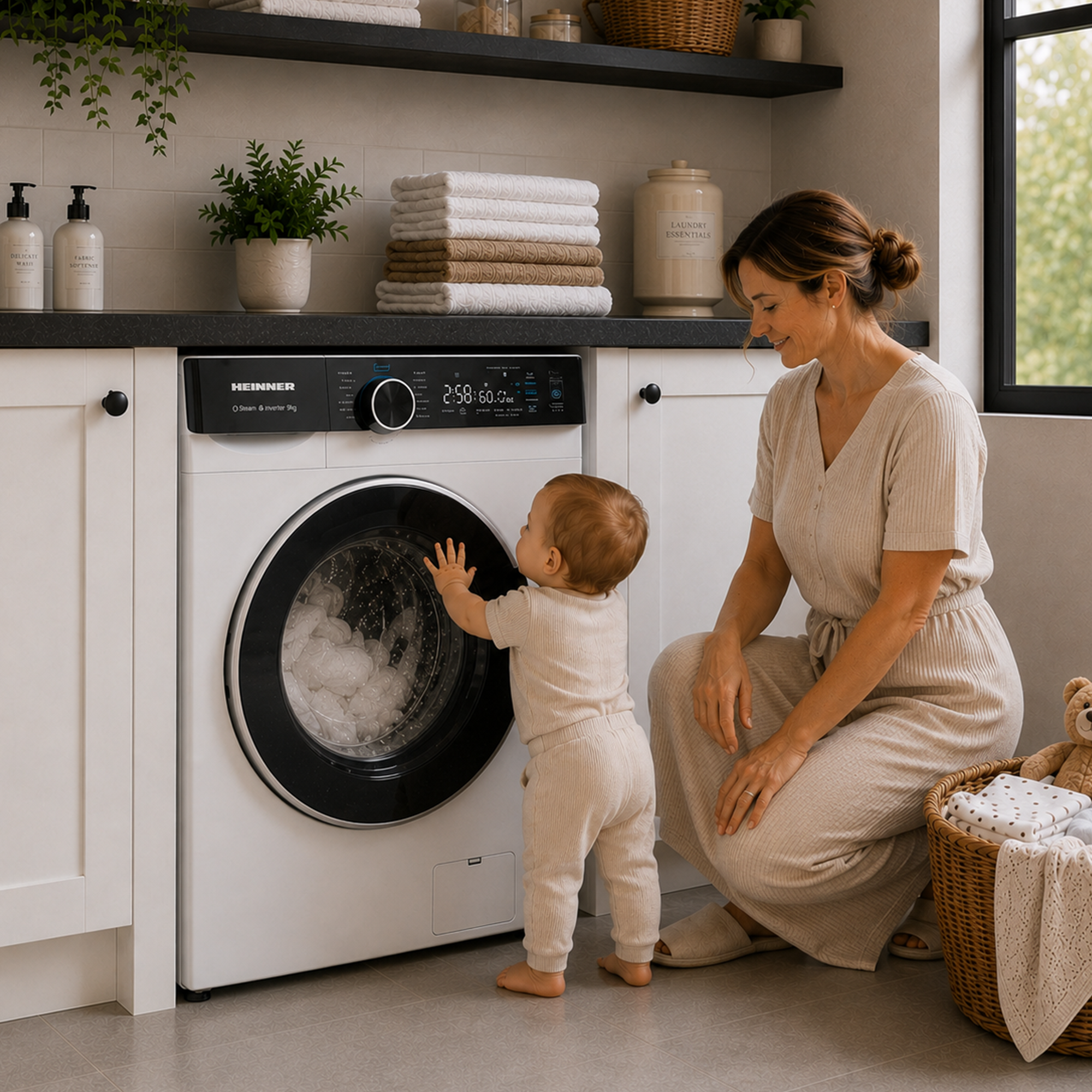 A mother watches her toddler touch the glass door of a running white washing machine.