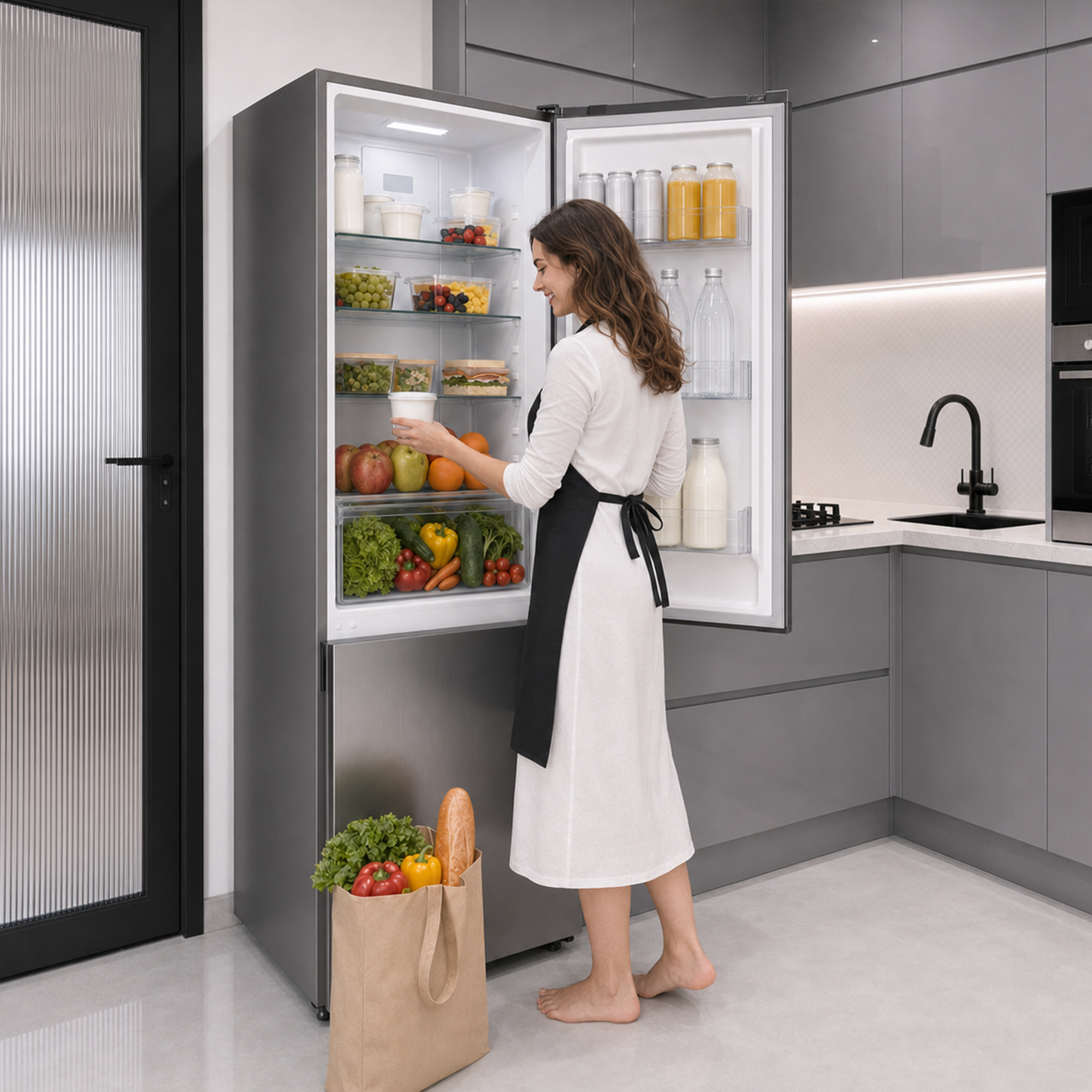 Een vrouw in een witte jurk en zwart schort staat voor een open koelkast in een moderne keuken.