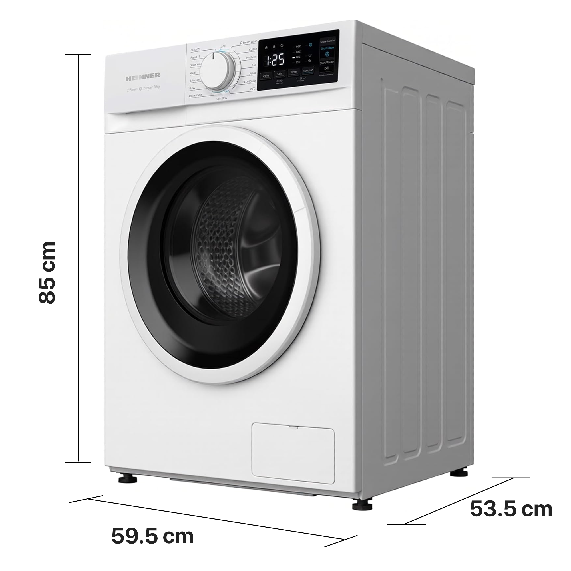 Weiße Heinner Frontlader-Waschmaschine mit 85 cm Höhe, 59,5 cm Breite und 53,5 cm Tiefe.