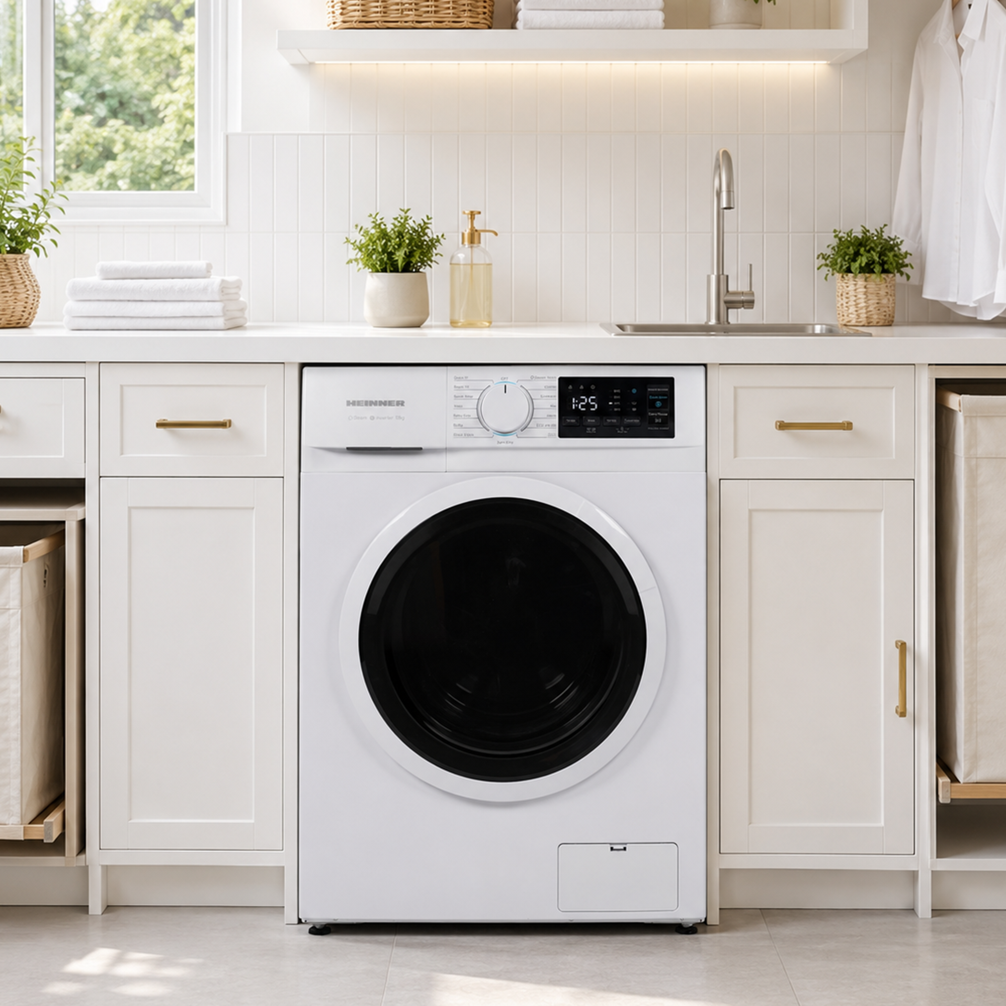 Eine weiße Waschmaschine steht in einer hellen, modernen Küche mit Holzarbeitsplatte und Waschbecken.