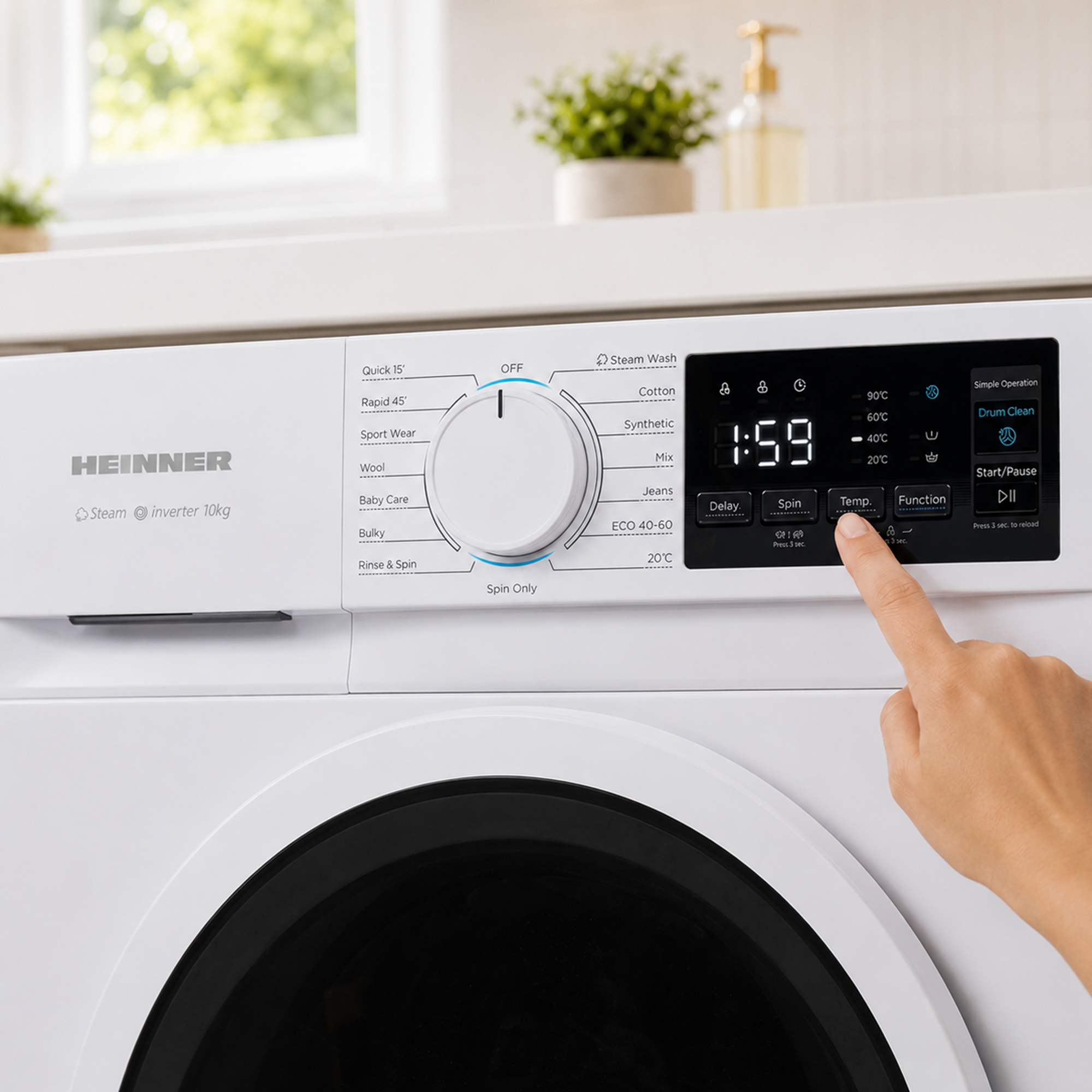 Eine Hand bedient das digitale Touchpanel einer weißen Heinner Waschmaschine in einer Küche.