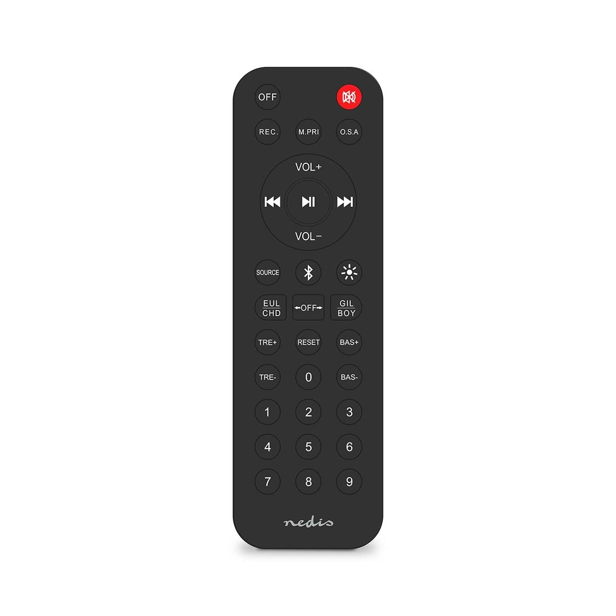 Eine schwarze Fernbedienung mit vielen runden Tasten, weißer Beschriftung und einem roten Mute-Knopf.