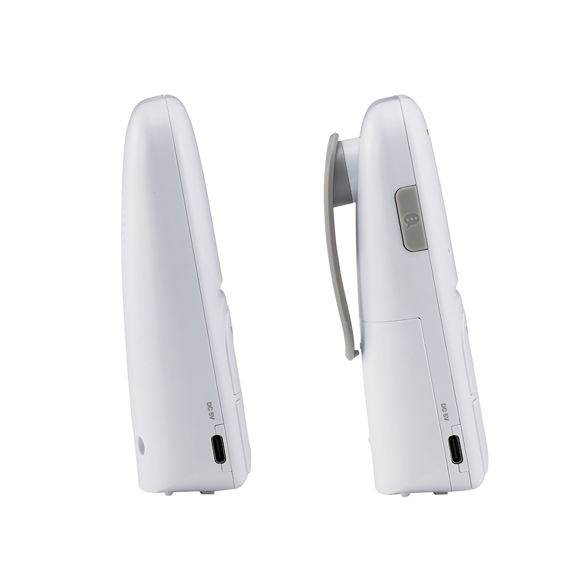 Due viste di un dispositivo bianco con porta di ricarica e clip.