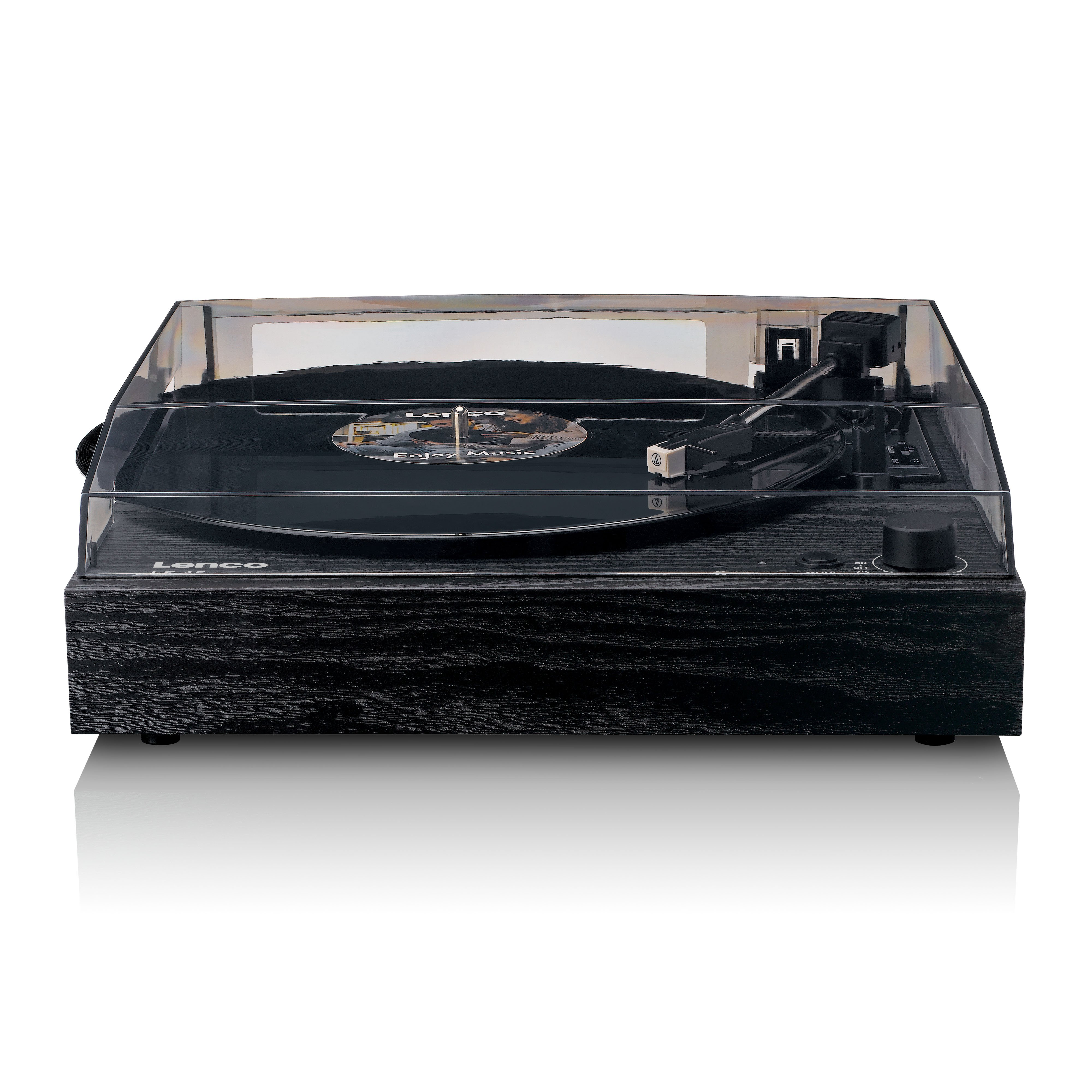 A black Lenco record player with a clear dust cover against a white background.