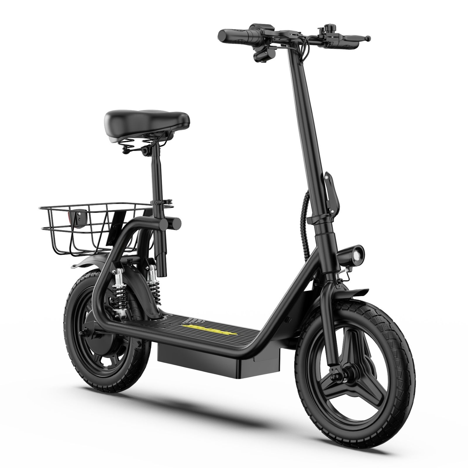 Un patinete eléctrico negro con asiento, manillar, cesta trasera y dos ruedas sobre fondo blanco.