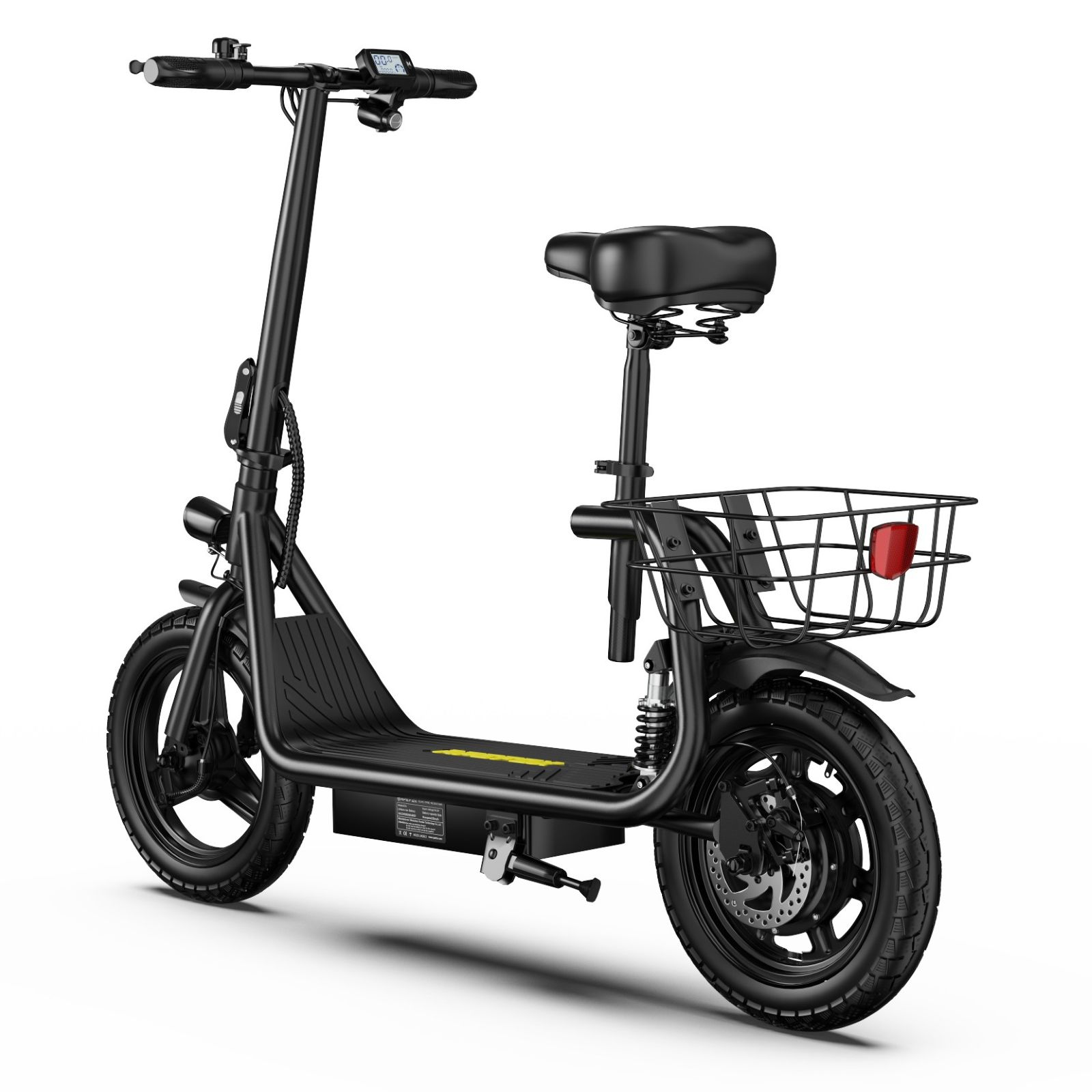 Scooter eléctrico negro con asiento, cesta trasera, pantalla en el manillar y soporte en fondo blanco.
