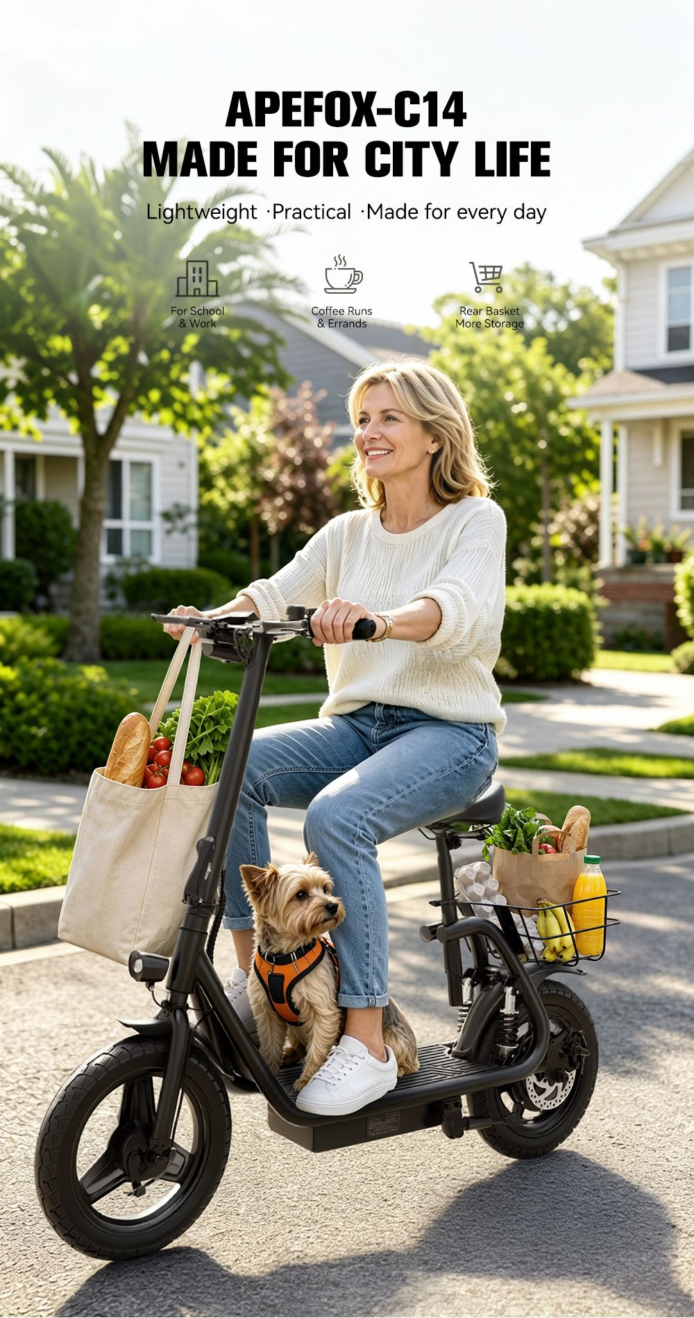 Una mujer sonriente monta en patinete eléctrico con un perro y bolsas de la compra, con texto arriba.