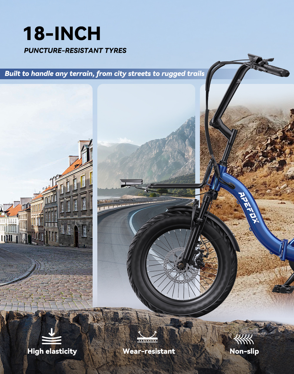 Una e-bike blu con pneumatici da 18 pollici su sfondo diviso tra città e montagne.