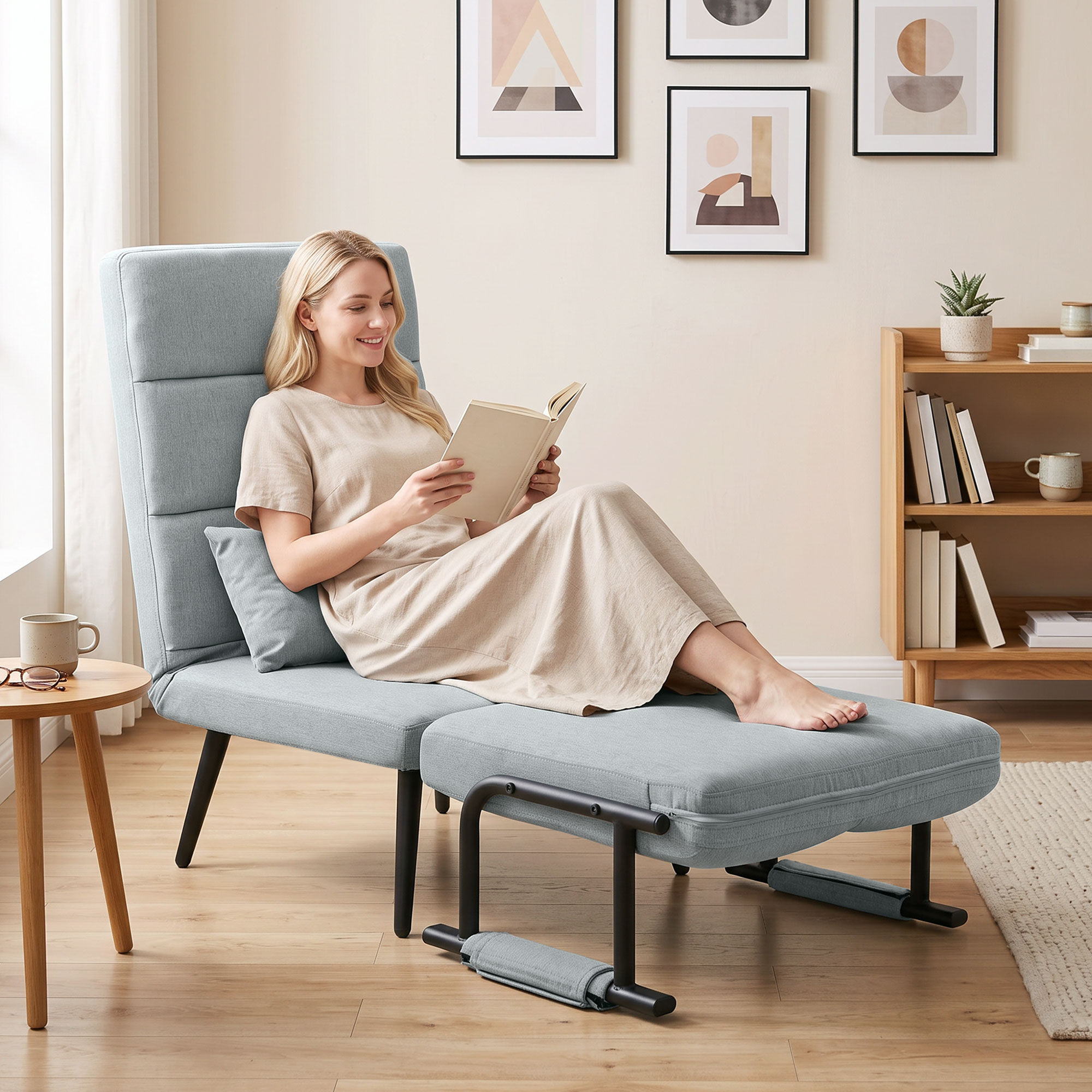 Una mujer rubia se sienta en un sillón azul con un reposapiés, leyendo un libro en una sala luminosa.
