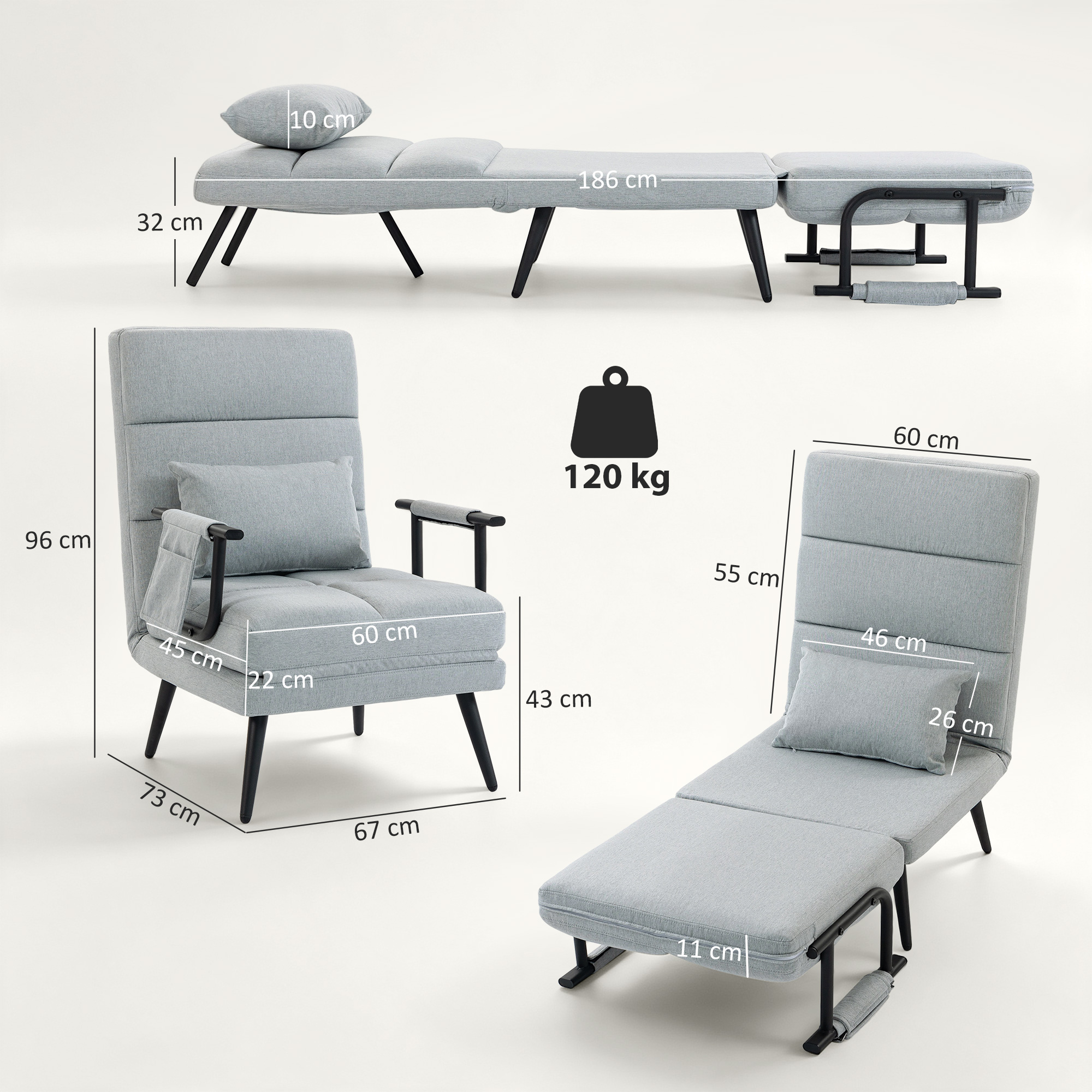 Sillón convertible gris que se transforma en tumbona, con dimensiones y capacidad de peso de 120 kg.