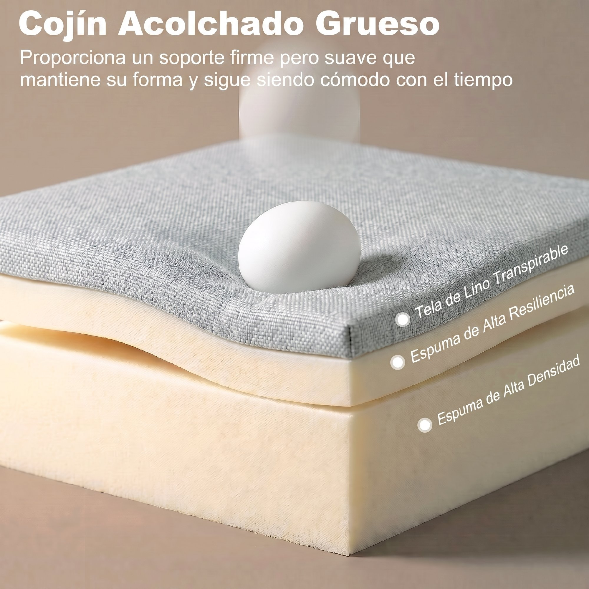 Un huevo reposa sobre un cojín con funda de lino y dos capas de espuma.