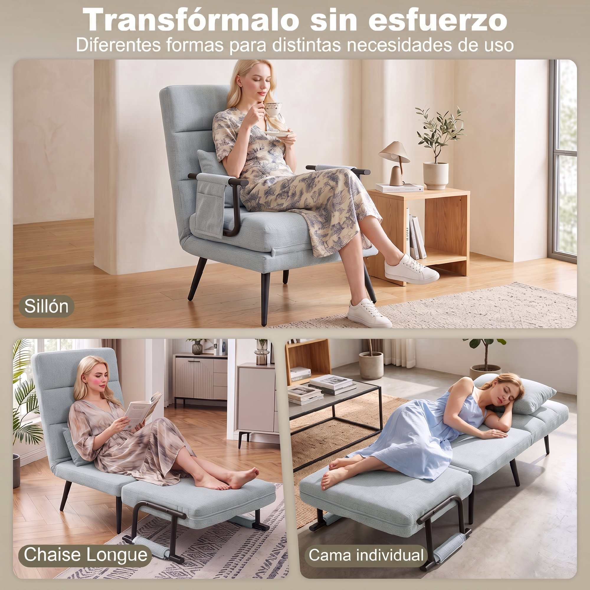 Una mujer usa un sillón azul claro convertible como silla, chaise longue y cama individual.