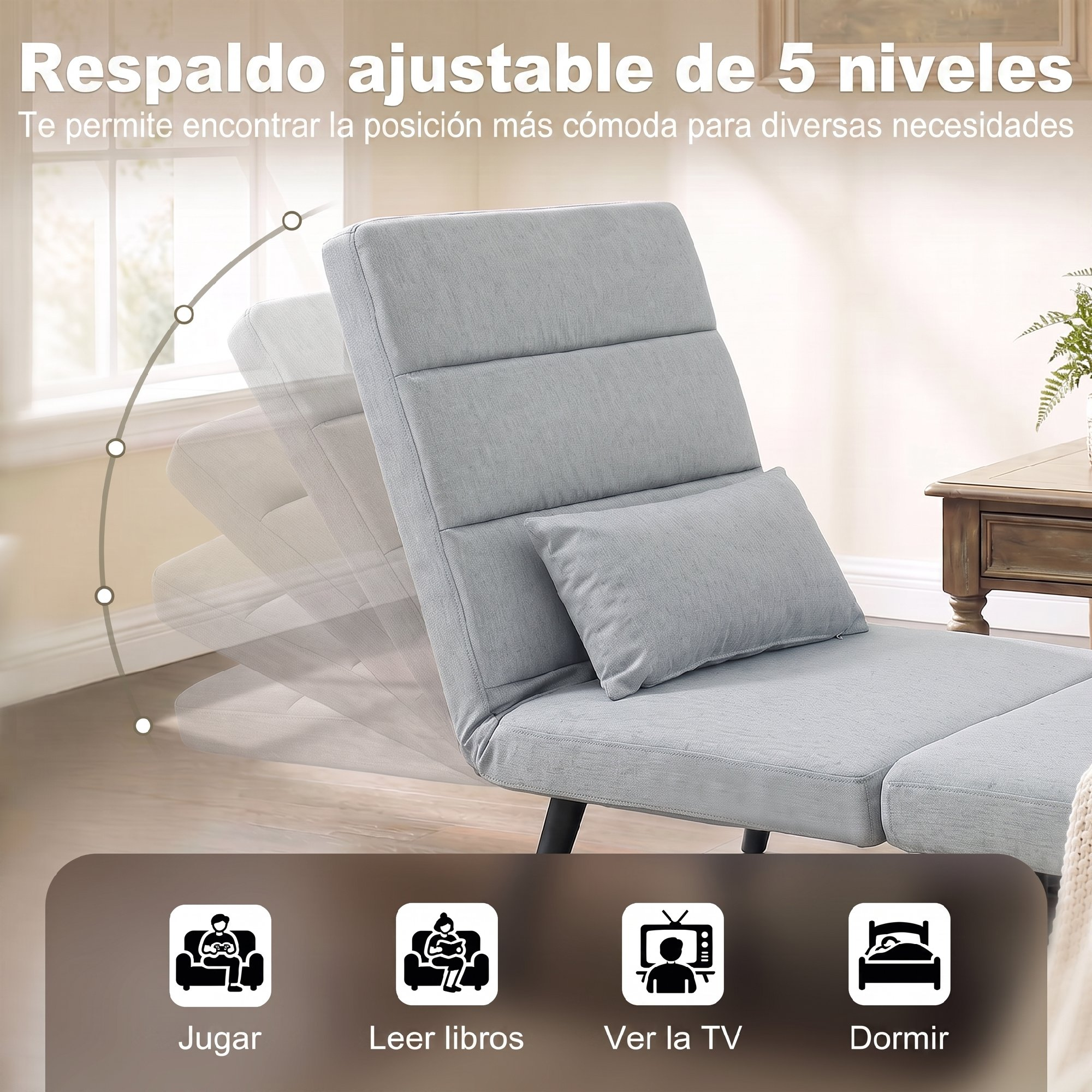 Sillón reclinable gris ajustable con cojín, mostrando cinco posiciones en una sala.