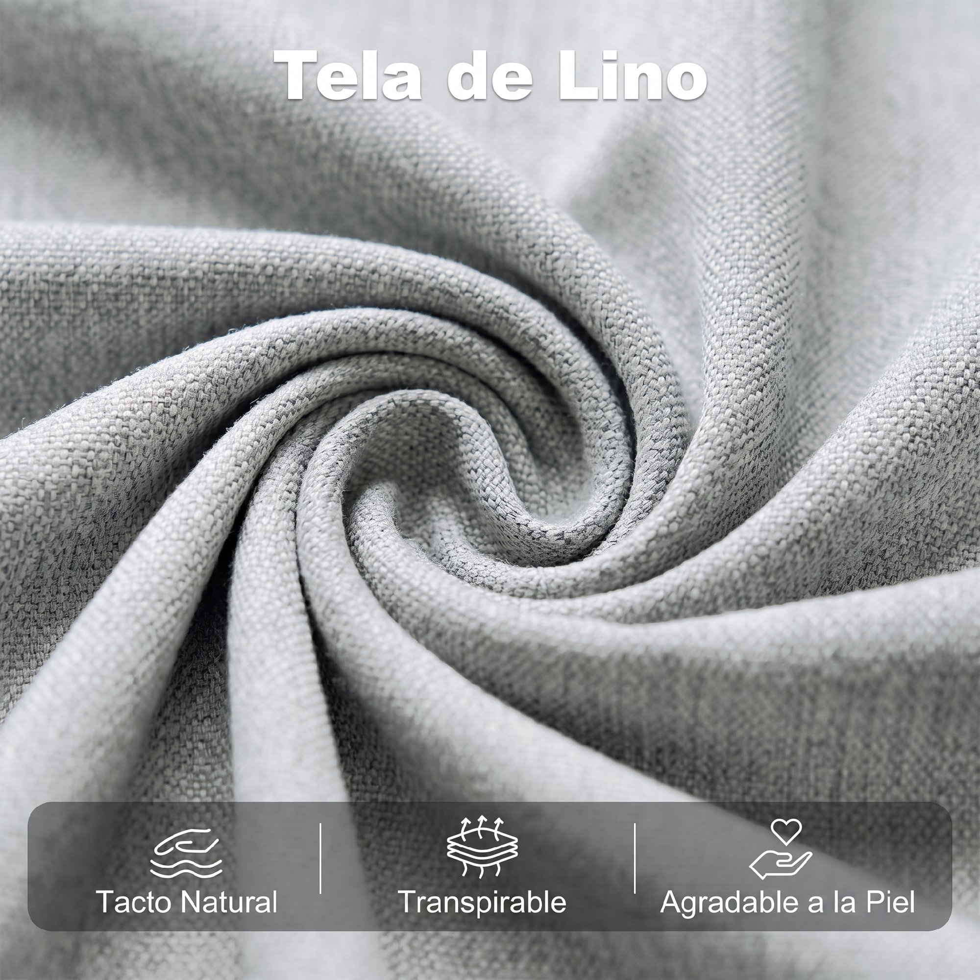 Tela de lino gris con textura, patrón de remolino y tres iconos abajo: tacto natural, transpirable, agradable a la piel.