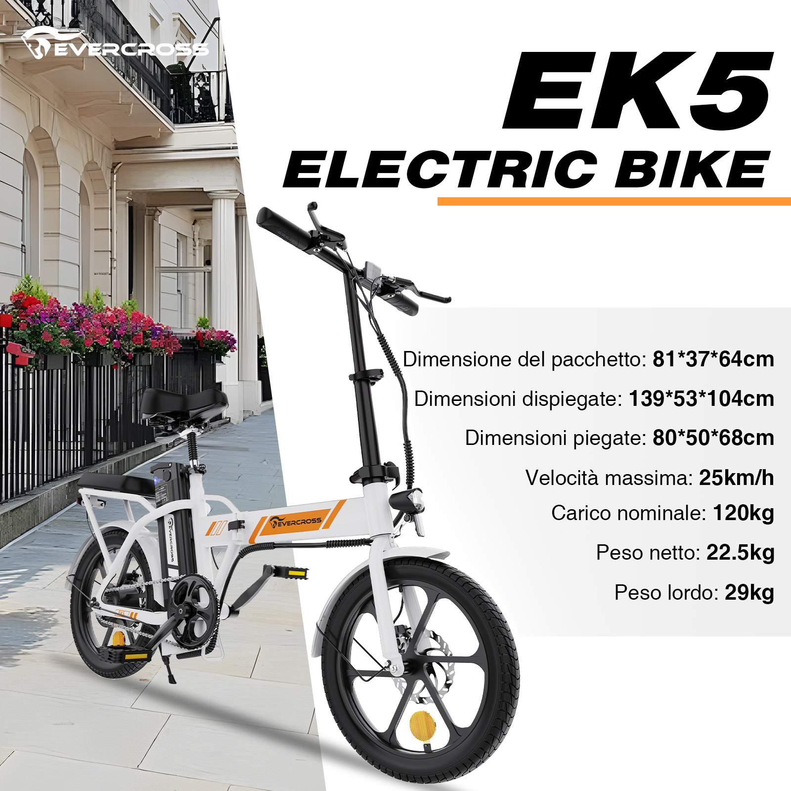 Bici elettrica bianca Evercross EK5 con specifiche su sfondo diviso con vista di strada urbana.