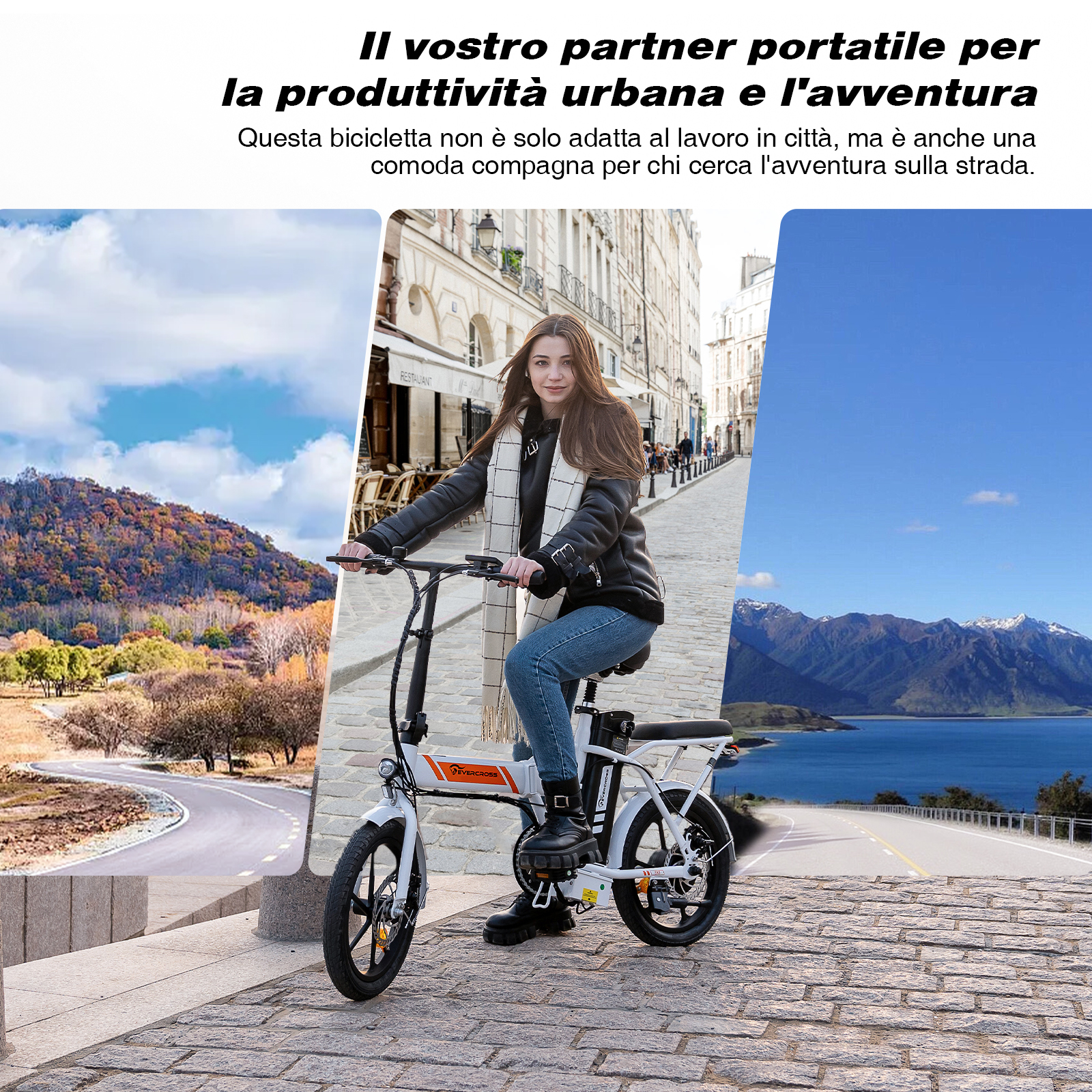Donna che guida una e-bike bianca su ciottoli con sfondi di montagna e città.