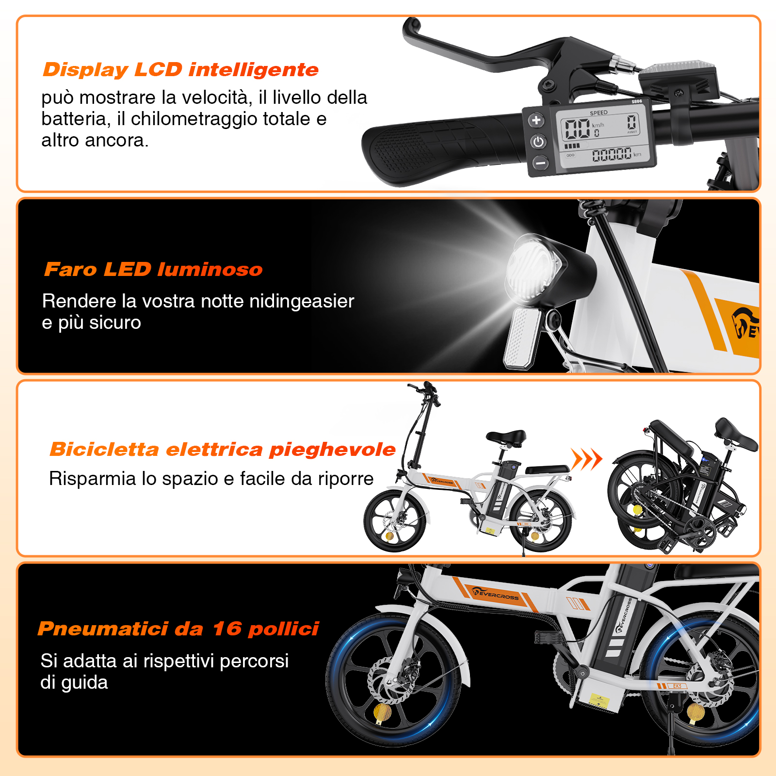 Caratteristiche e-bike: display LCD, luce LED luminosa, telaio pieghevole e pneumatici da 16 pollici.