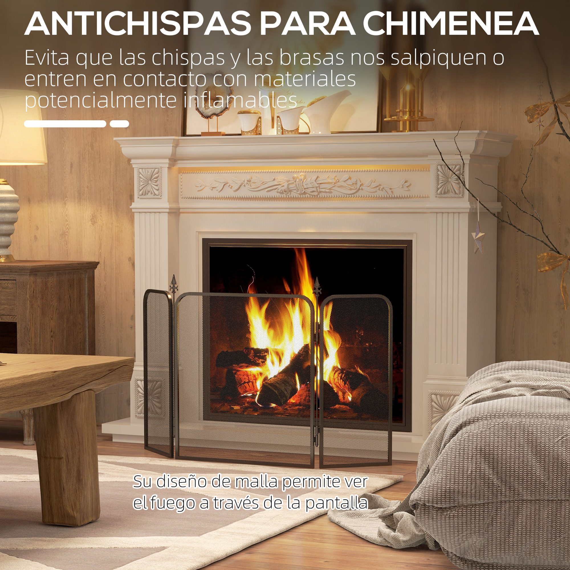 Una chimenea blanca con fuego encendido, protegida por una pantalla de malla oscura en una habitación.