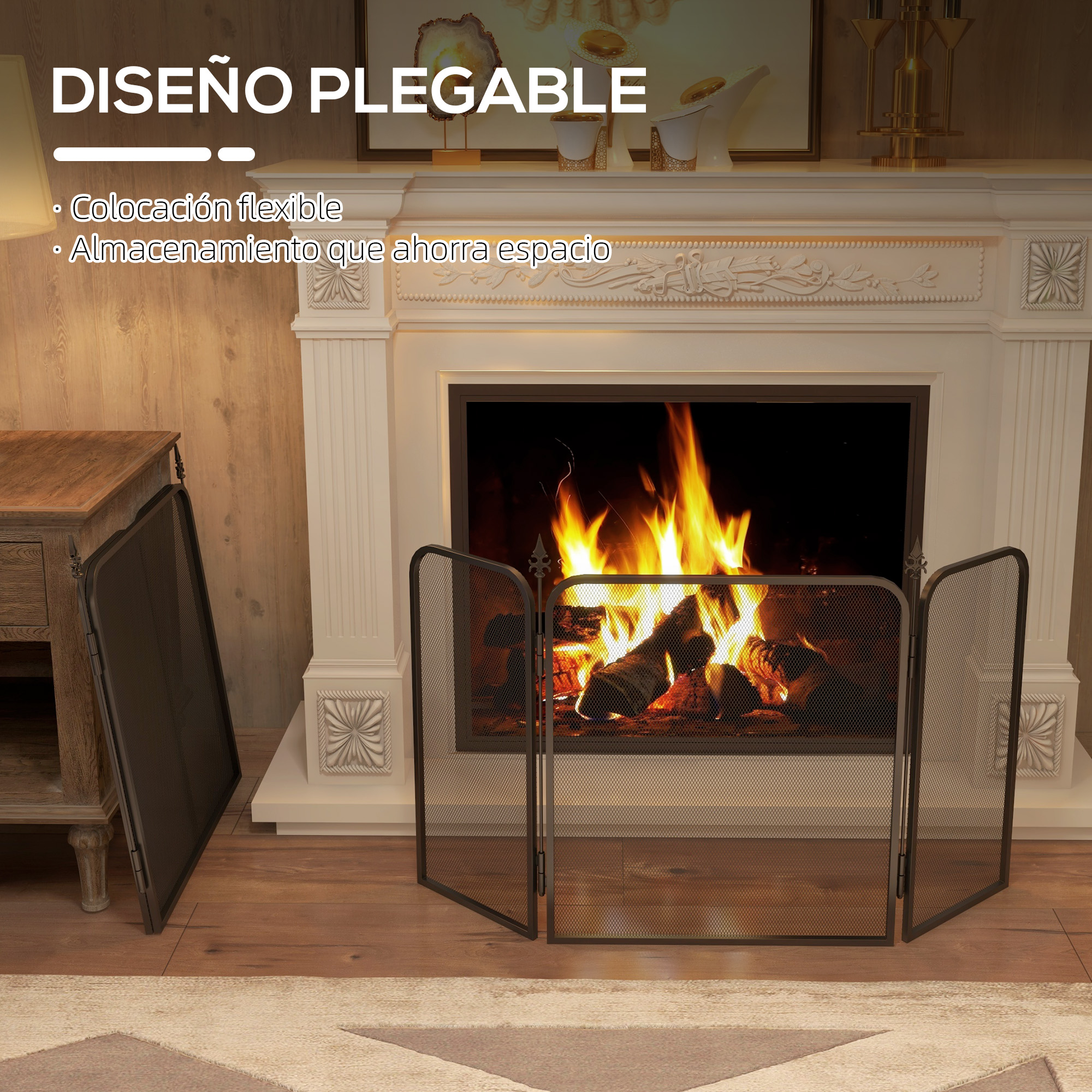 Pantalla de chimenea plegable negra frente a una chimenea blanca con fuego encendido y texto promocional.