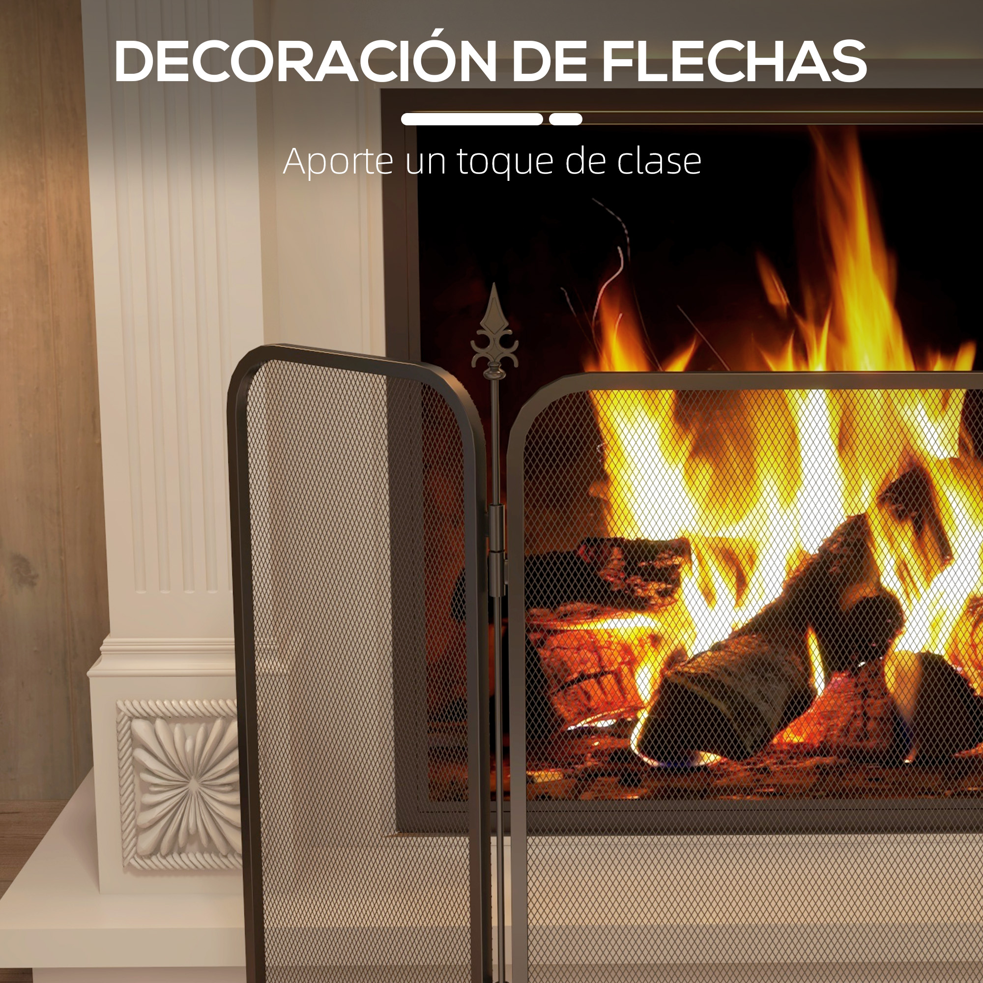 Una pantalla de chimenea de metal negro se encuentra frente a una chimenea encendida.